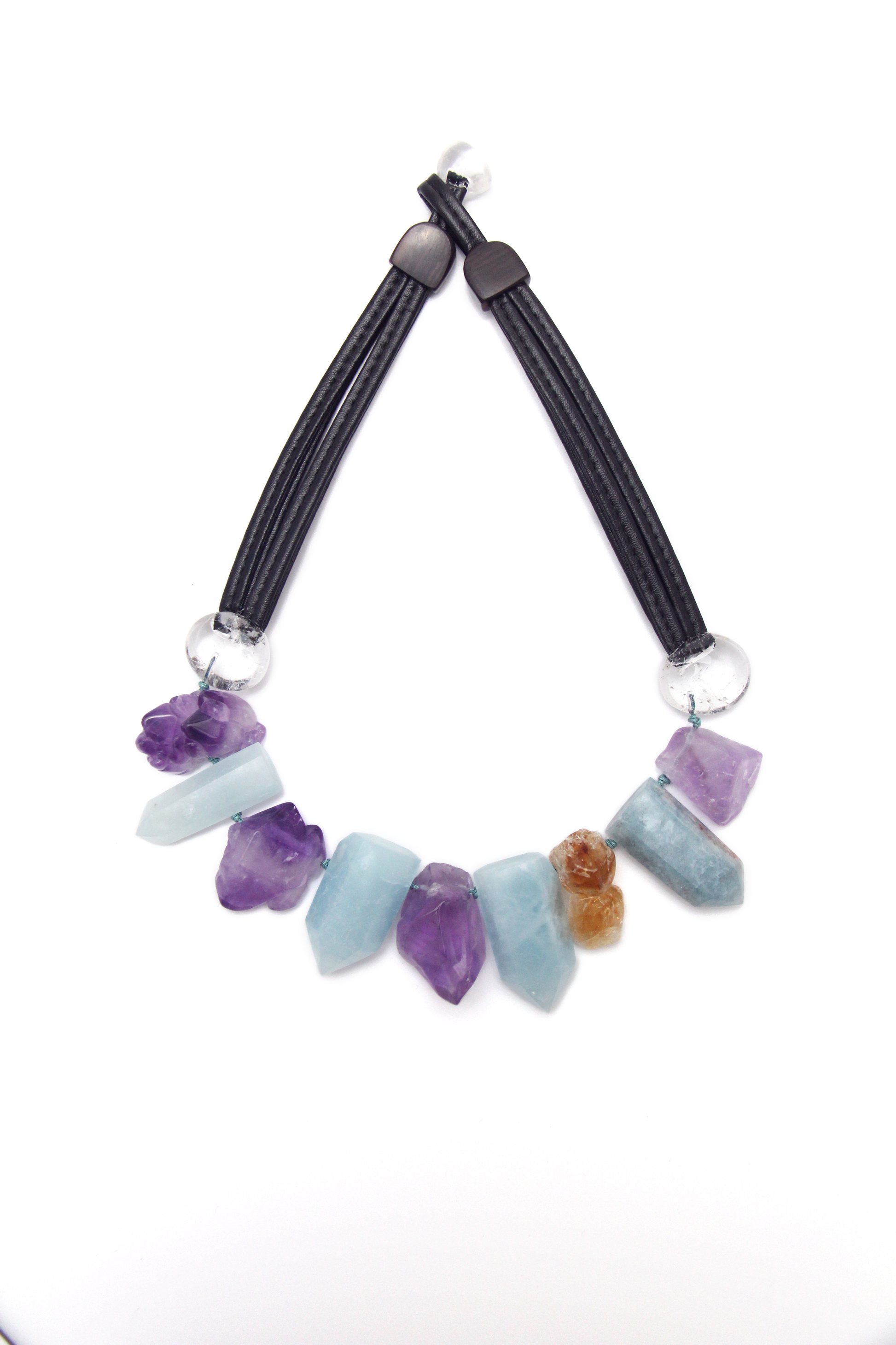 Chunky Crystal Necklace/Chunky Statement Necklace: aquamarine, amethyst, citrine, white crystal Length: 20.69inch (52.5cm) Weight: 6.19oz (175.49g)  