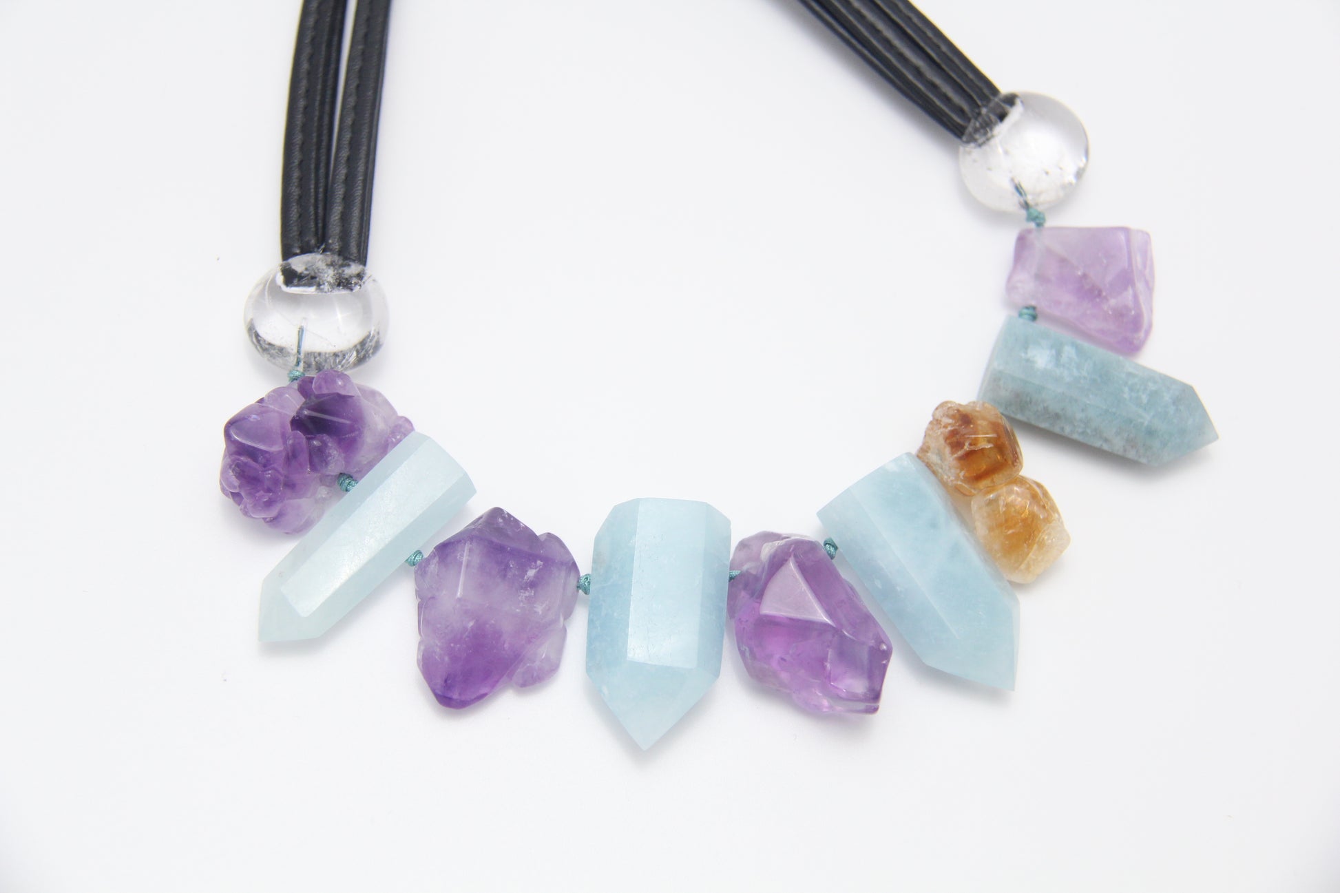 Chunky Crystal Necklace/Chunky Statement Necklace: aquamarine, amethyst, citrine, white crystal Length: 20.69inch (52.5cm) Weight: 6.19oz (175.49g)