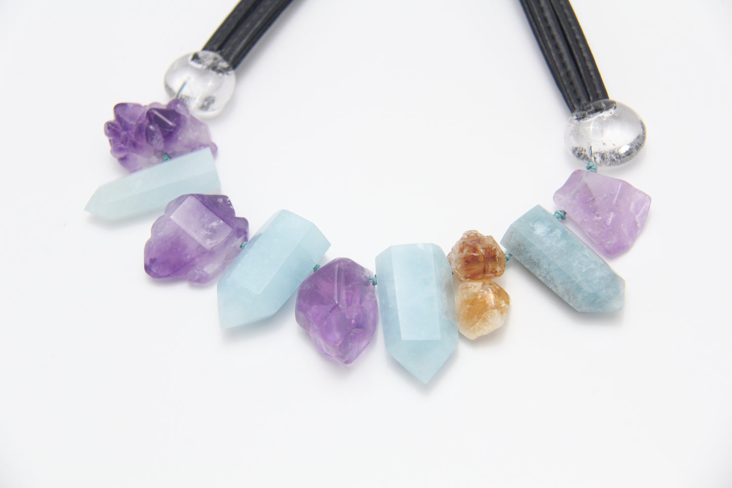 Chunky Crystal Necklace/Chunky Statement Necklace: aquamarine, amethyst, citrine, white crystal Length: 20.69inch (52.5cm) Weight: 6.19oz (175.49g)