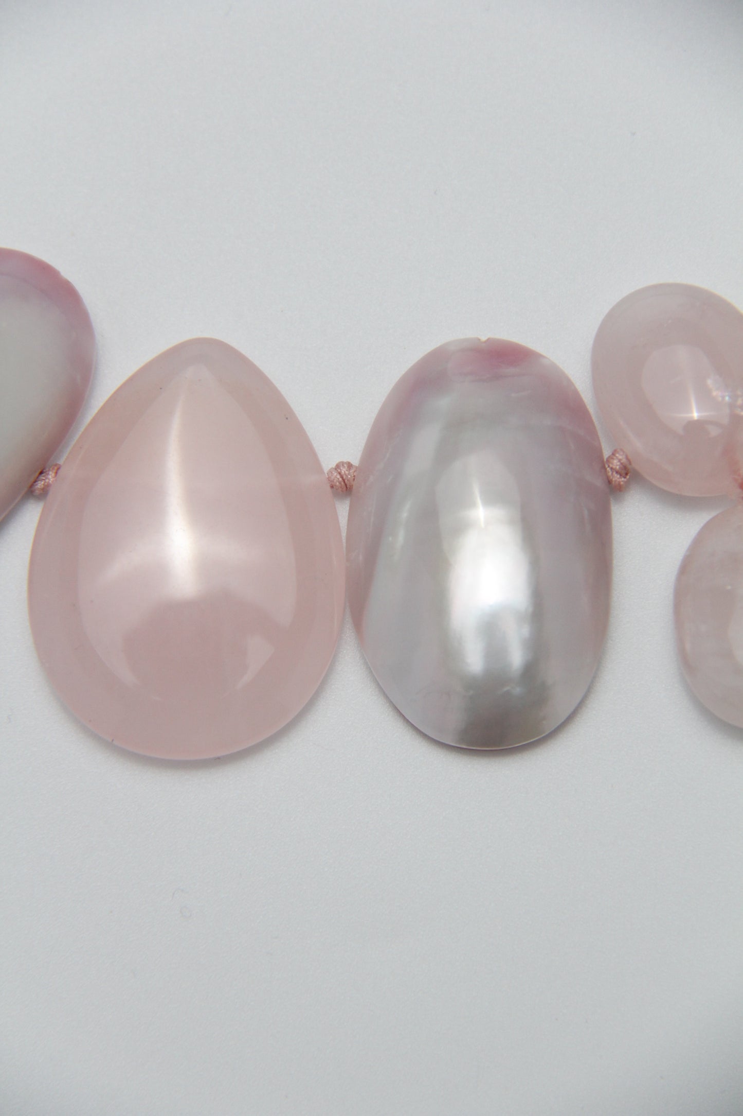 Necklace: mabe pearls, rose quartz