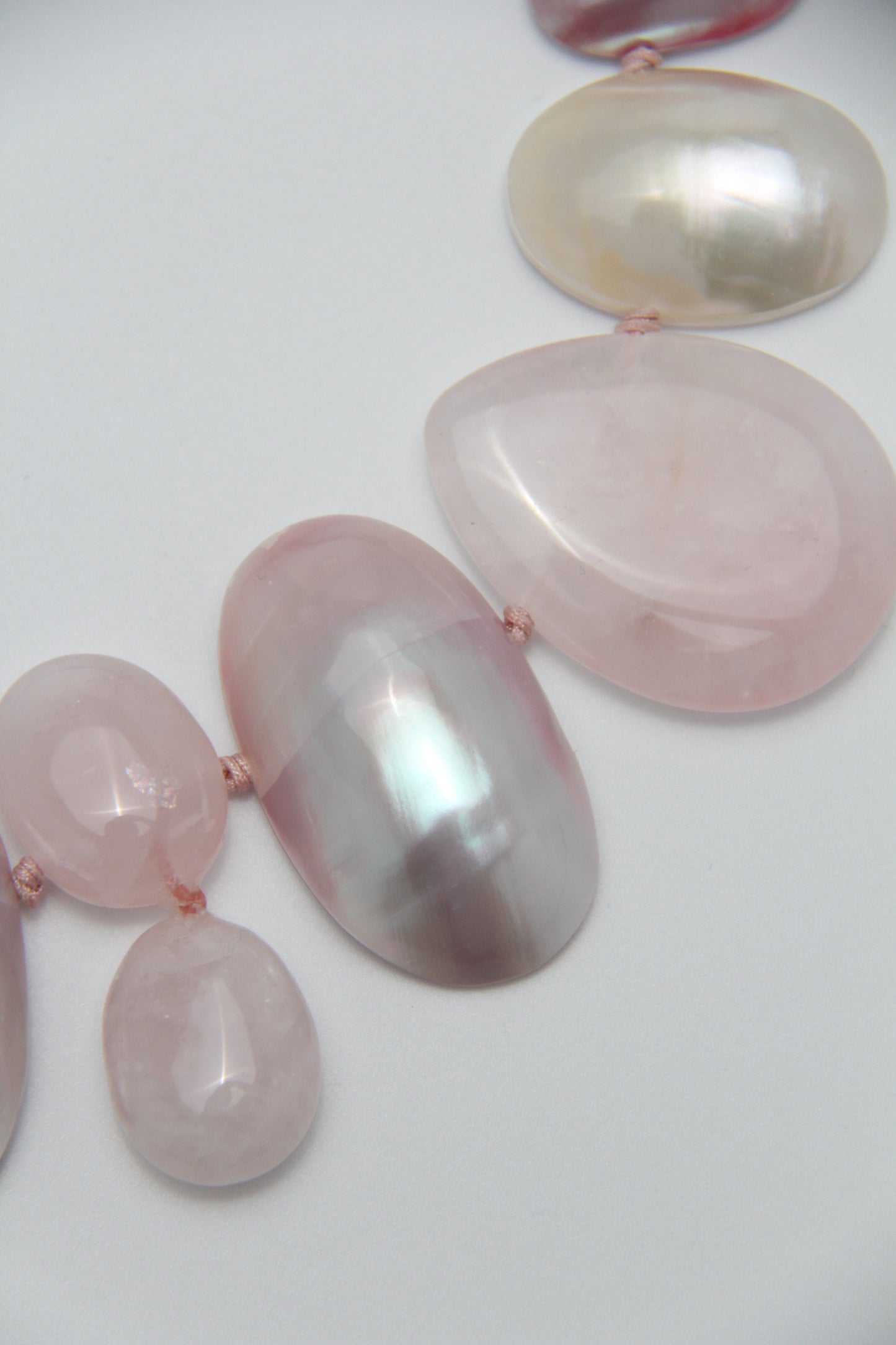 Necklace: mabe pearls, rose quartz