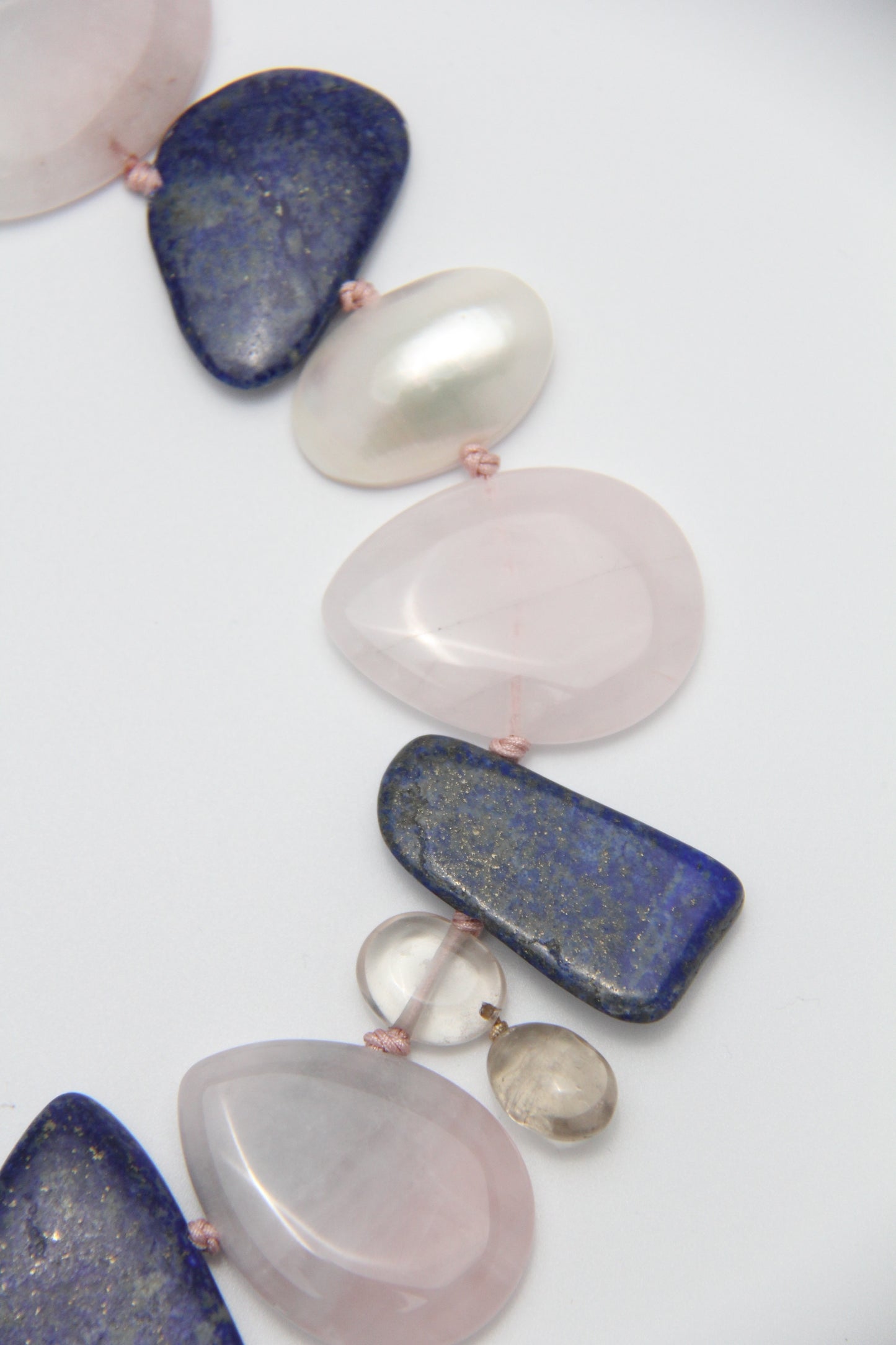 Necklace: rose quartz, lapis lazuli, mabe pearls, citrine