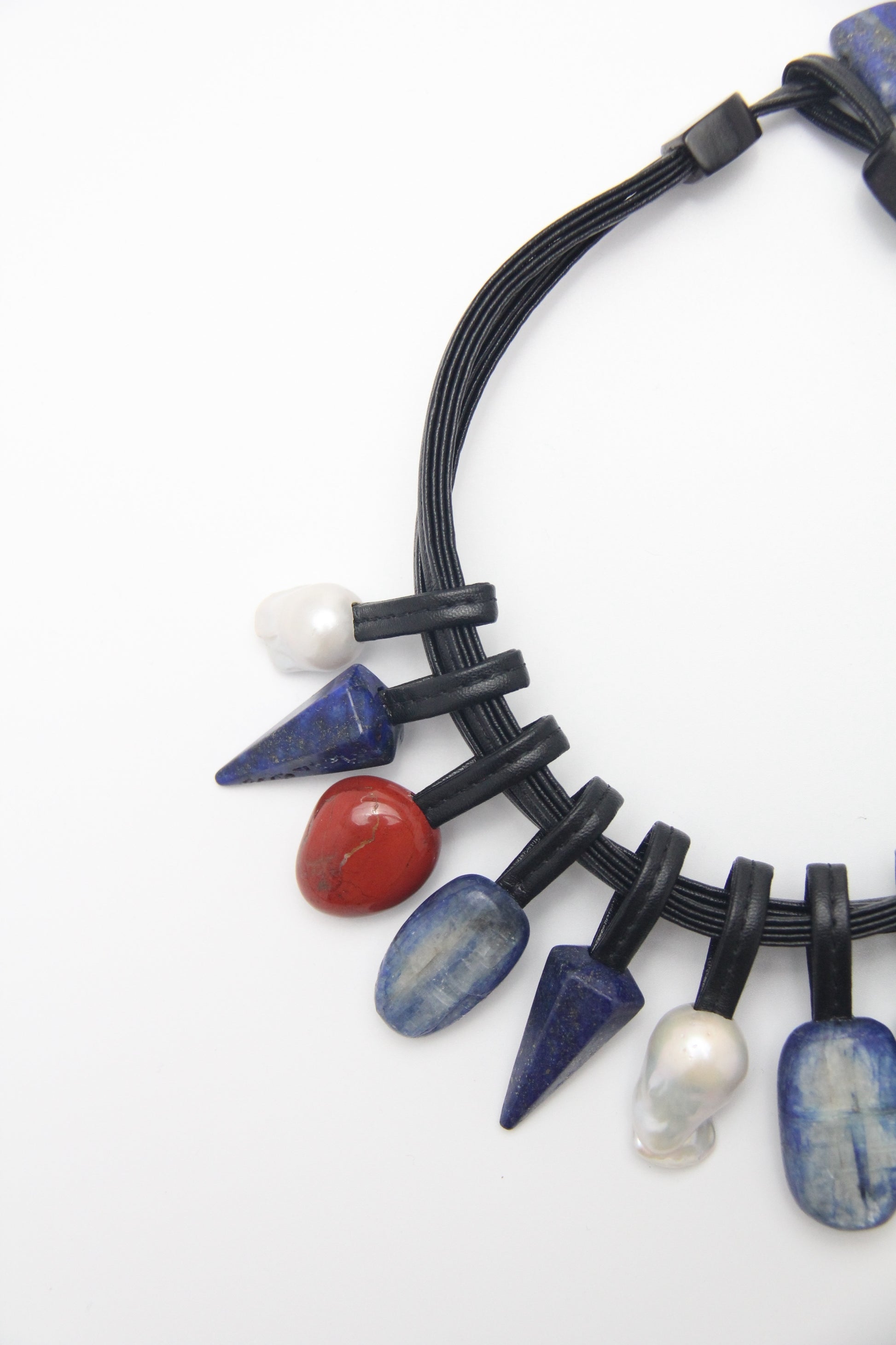 Chunky Crystal Necklace/Chunky Statement Necklace: Kyanite, lapis lazuli, pearls, red jasper stone, tiger's eye stone