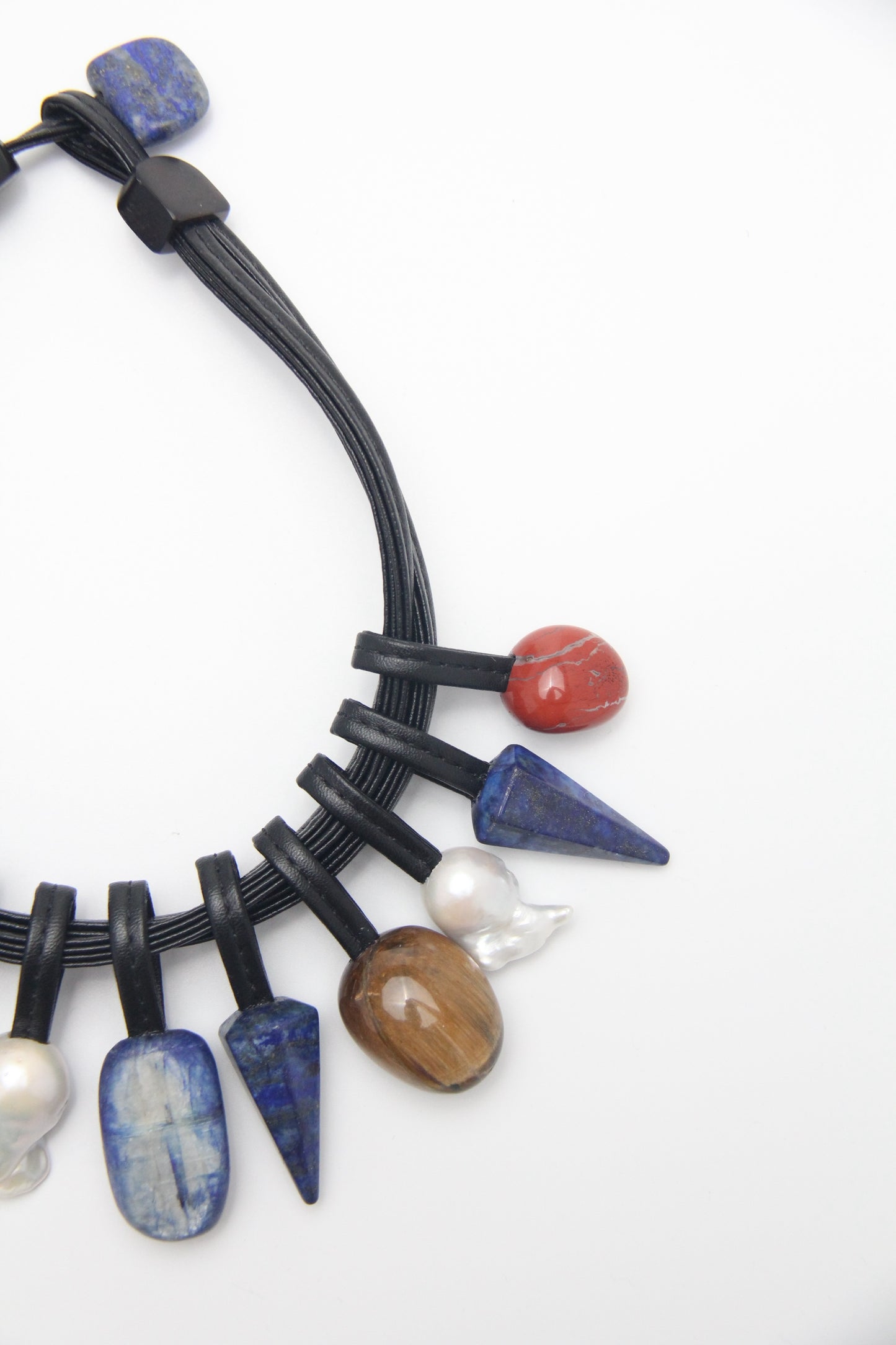 Chunky Crystal Necklace/Chunky Statement Necklace: Kyanite, lapis lazuli, pearls, red jasper stone, tiger's eye stone