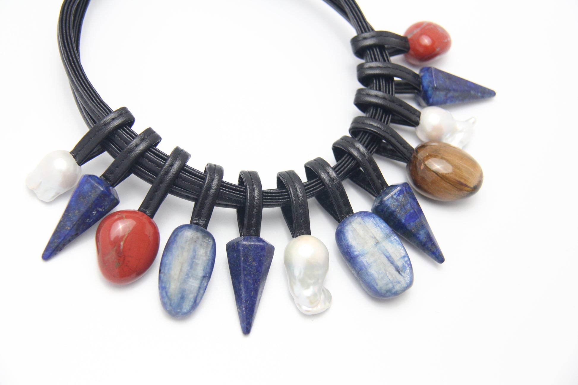 Chunky Crystal Necklace/Chunky Statement Necklace: Kyanite, lapis lazuli, pearls, red jasper stone, tiger's eye stone