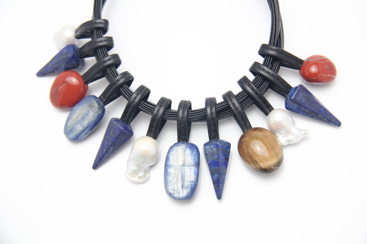 Chunky Crystal Necklace/Chunky Statement Necklace: Kyanite, lapis lazuli, pearls, red jasper stone, tiger's eye stone