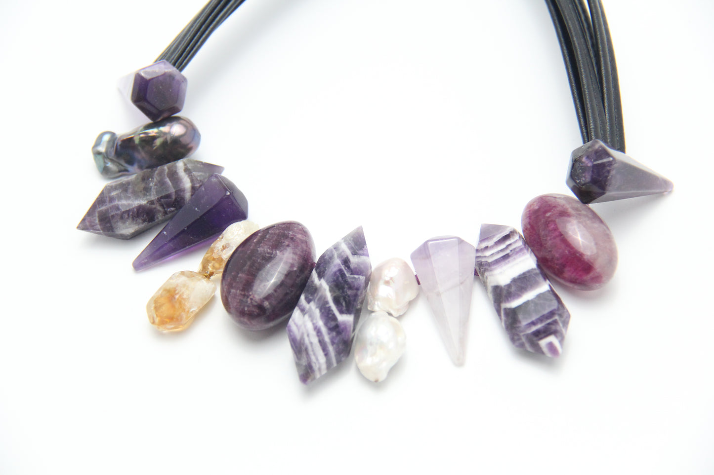 Chunky Crystal Necklace/Chunky Statement Necklace: dream amethyst, pearls, amethyst, citrine, purple fluorite