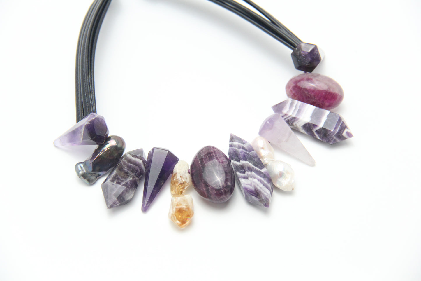 Chunky Crystal Necklace/Chunky Statement Necklace: dream amethyst, pearls, amethyst, citrine, purple fluorite