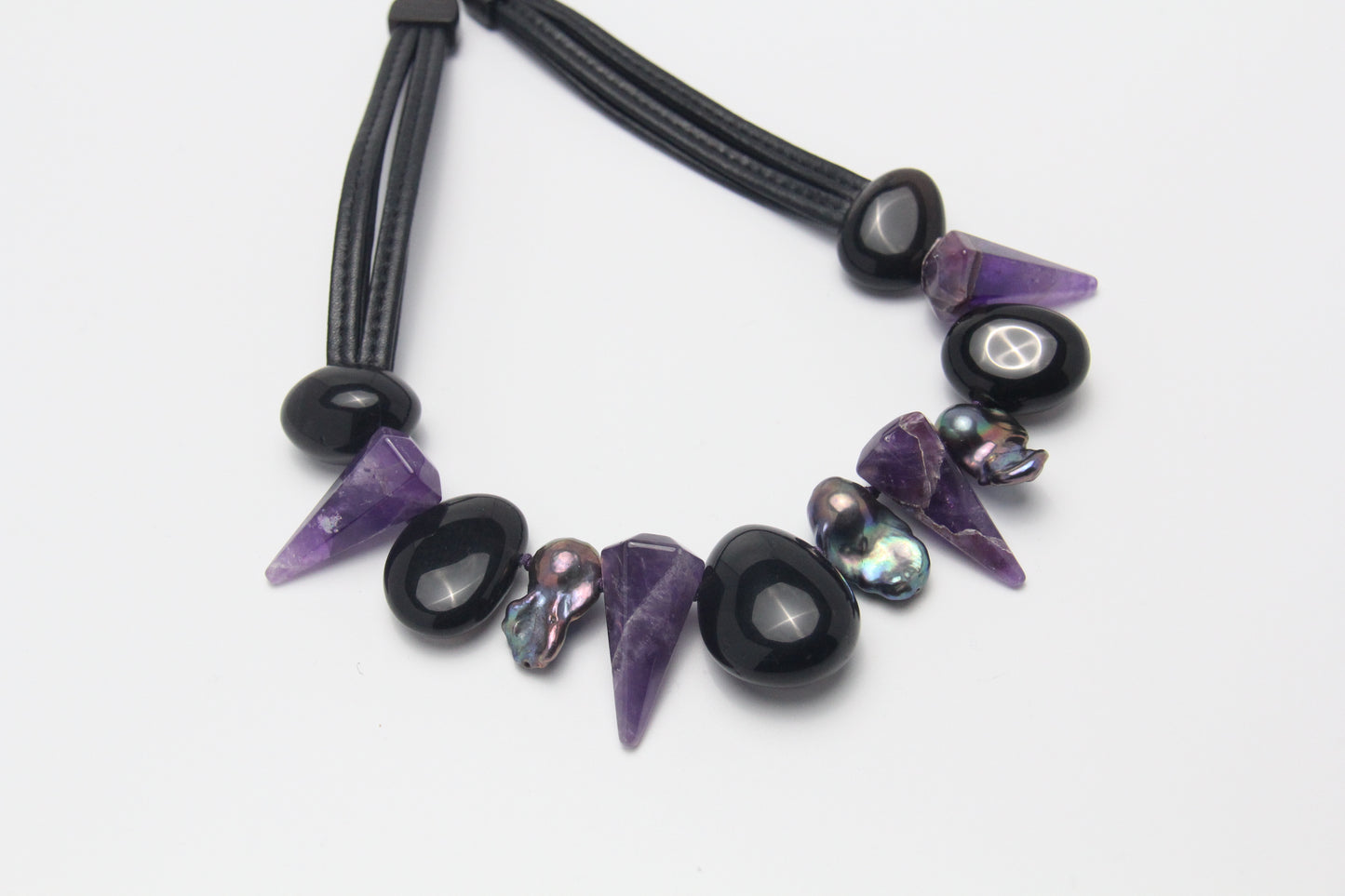 Necklace: pearls, obsidian, amethyst