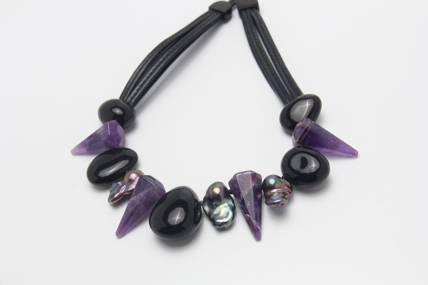 Necklace: pearls, obsidian, amethyst