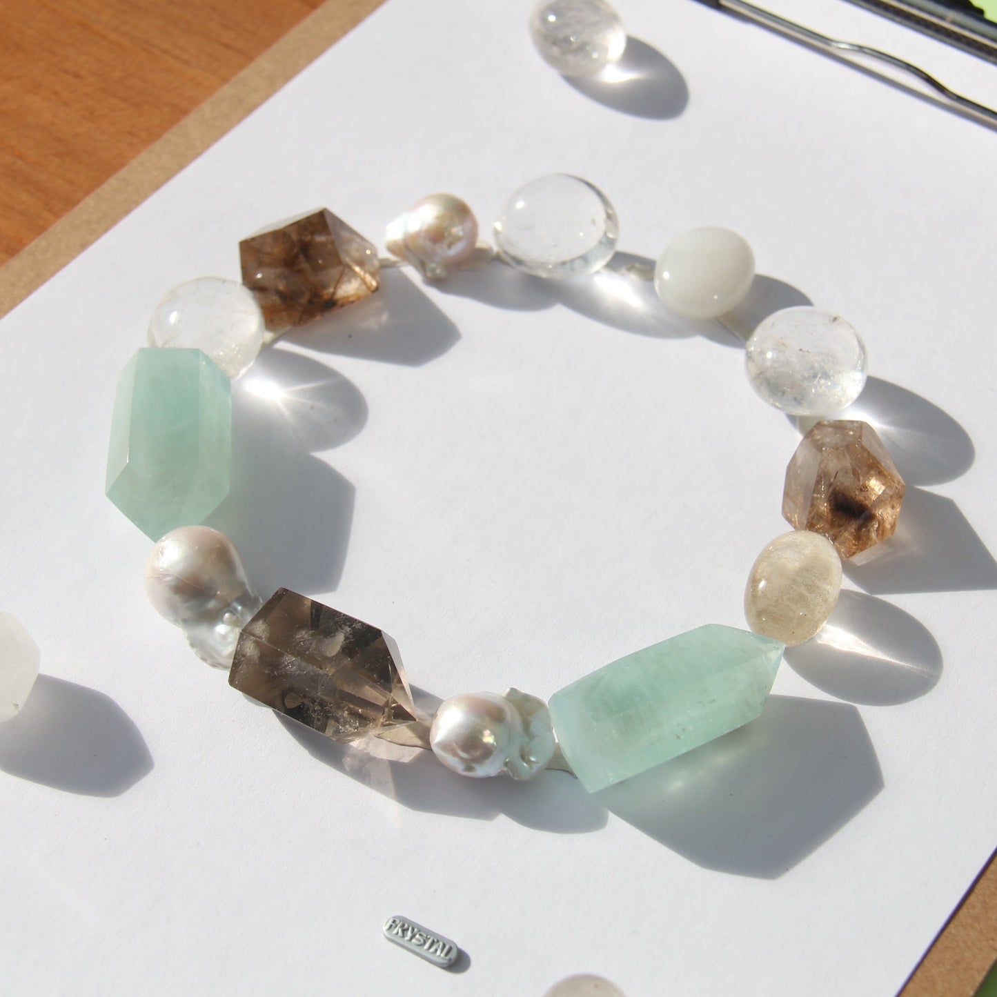 Necklace: golden hair rutilated quartz, aquamarine, pearls, smoky quartz, white crystal