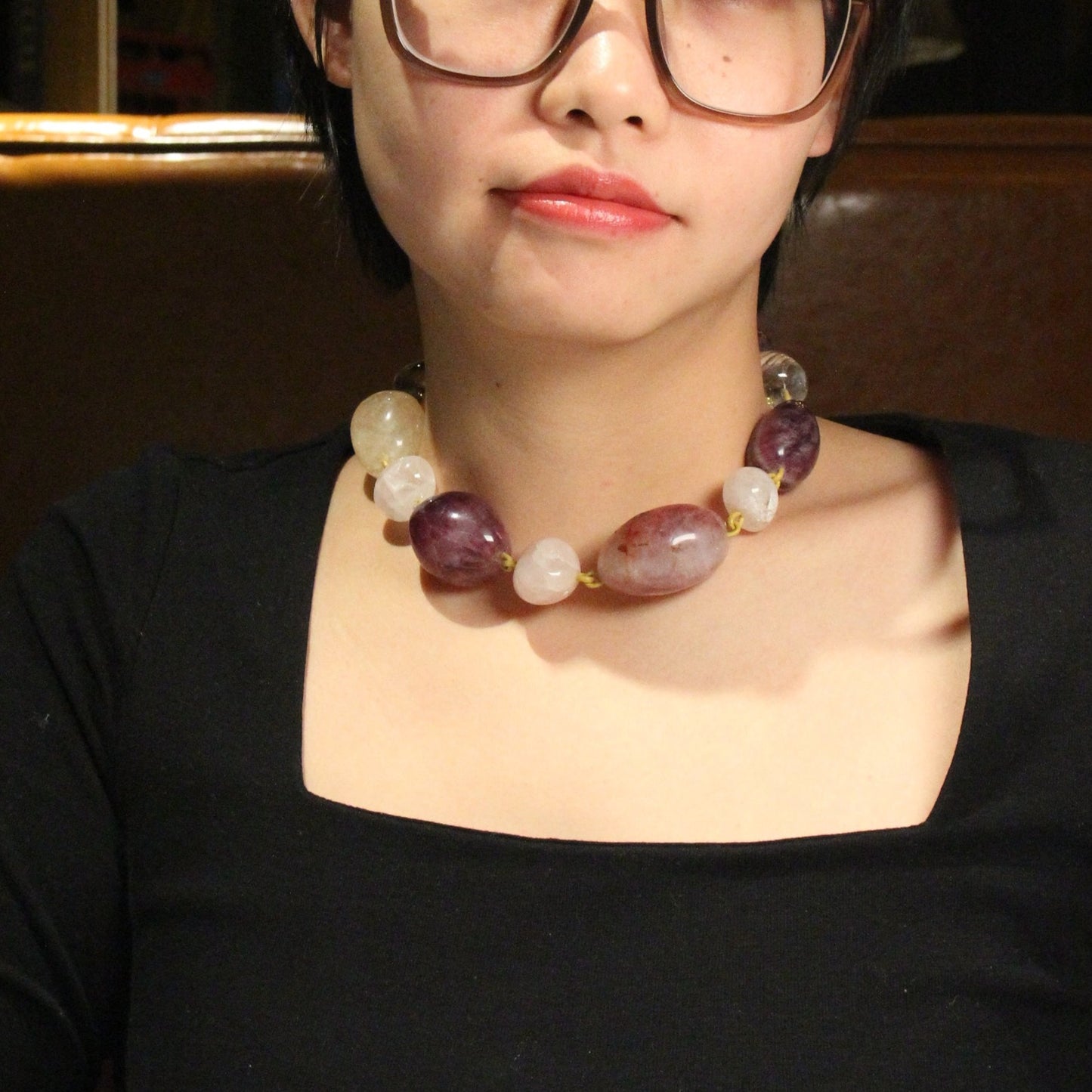 Necklace: fluorite, rose quartz, white crystal, pearl