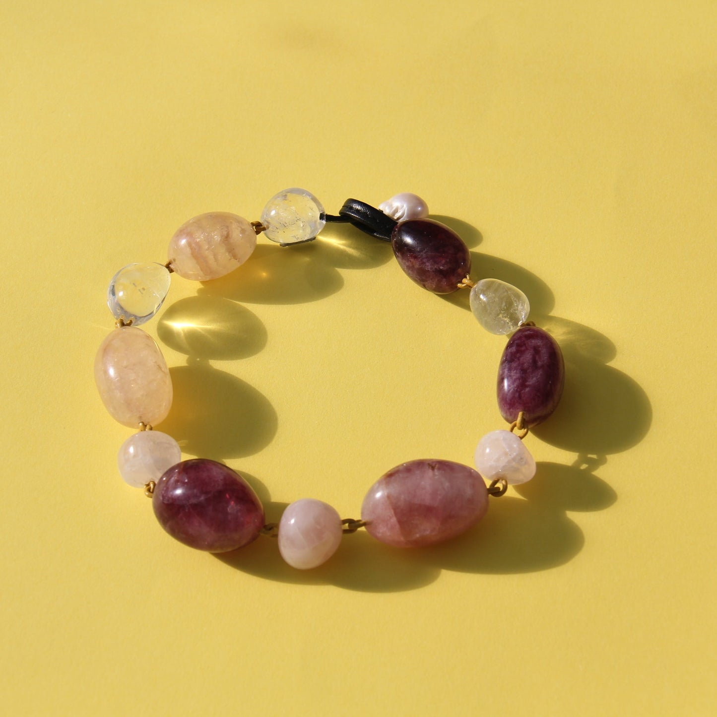 Necklace: fluorite, rose quartz, white crystal, pearl