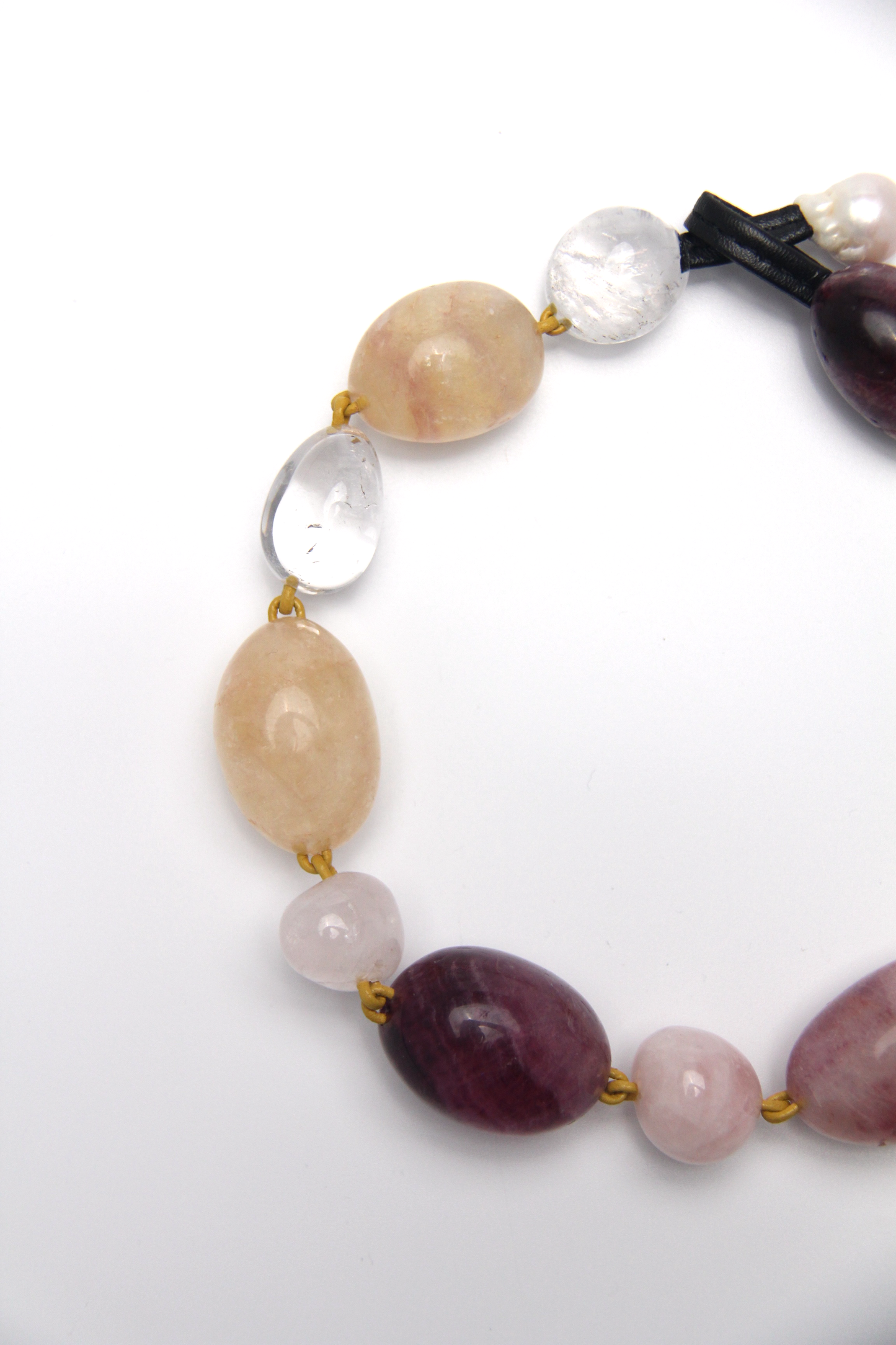 Necklace: fluorite, rose quartz, white crystal, pearl