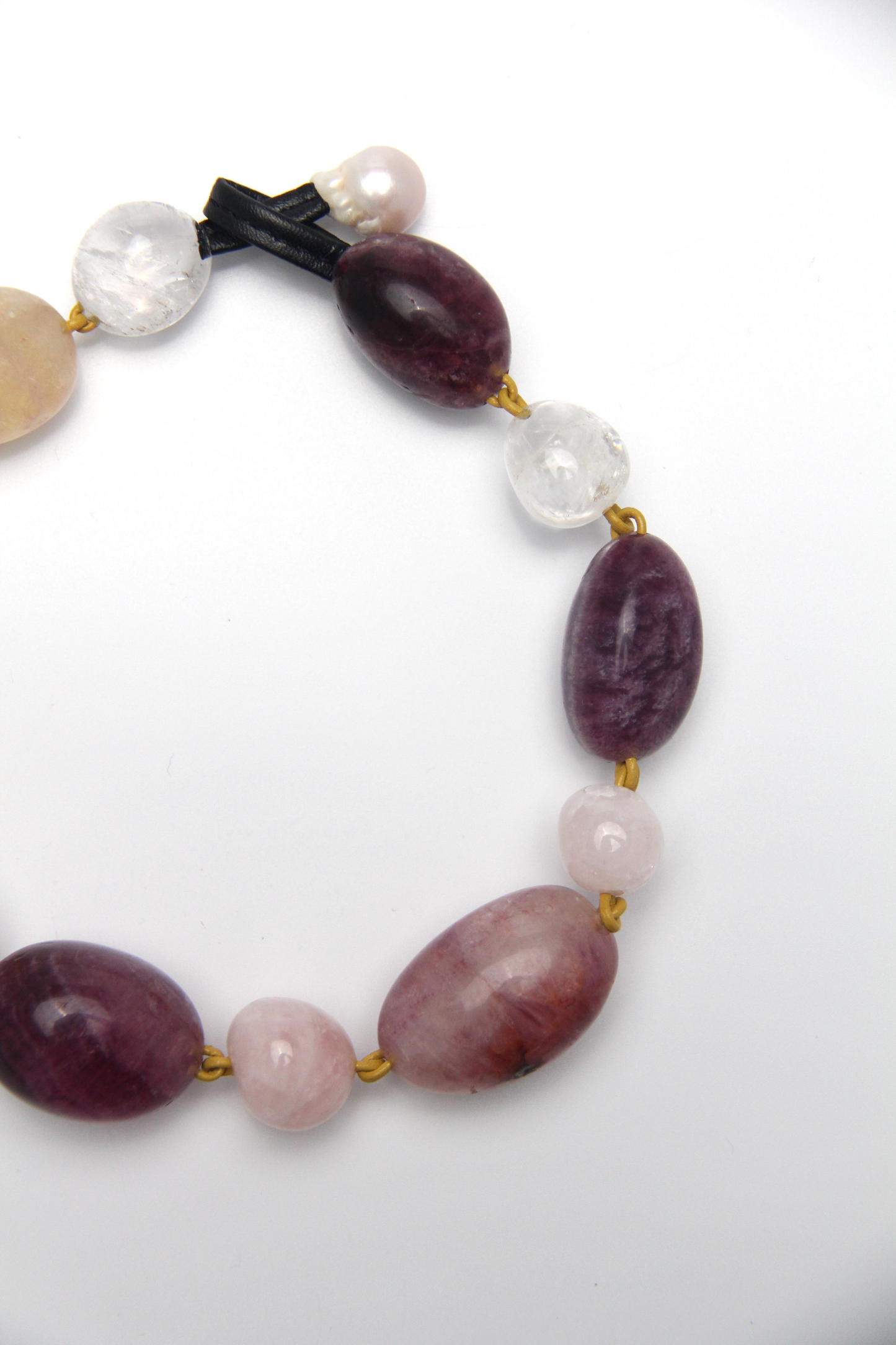 Necklace: fluorite, rose quartz, white crystal, pearl