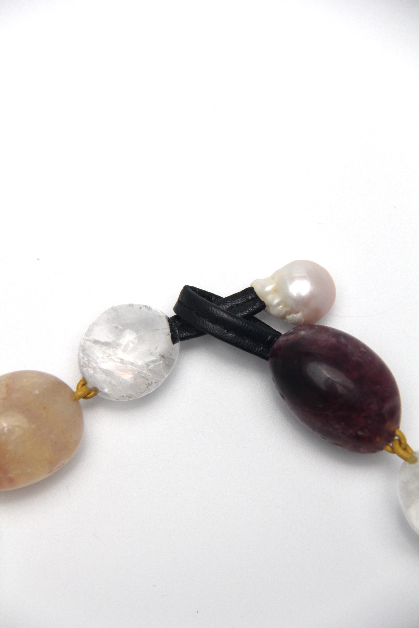 Necklace: fluorite, rose quartz, white crystal, pearl