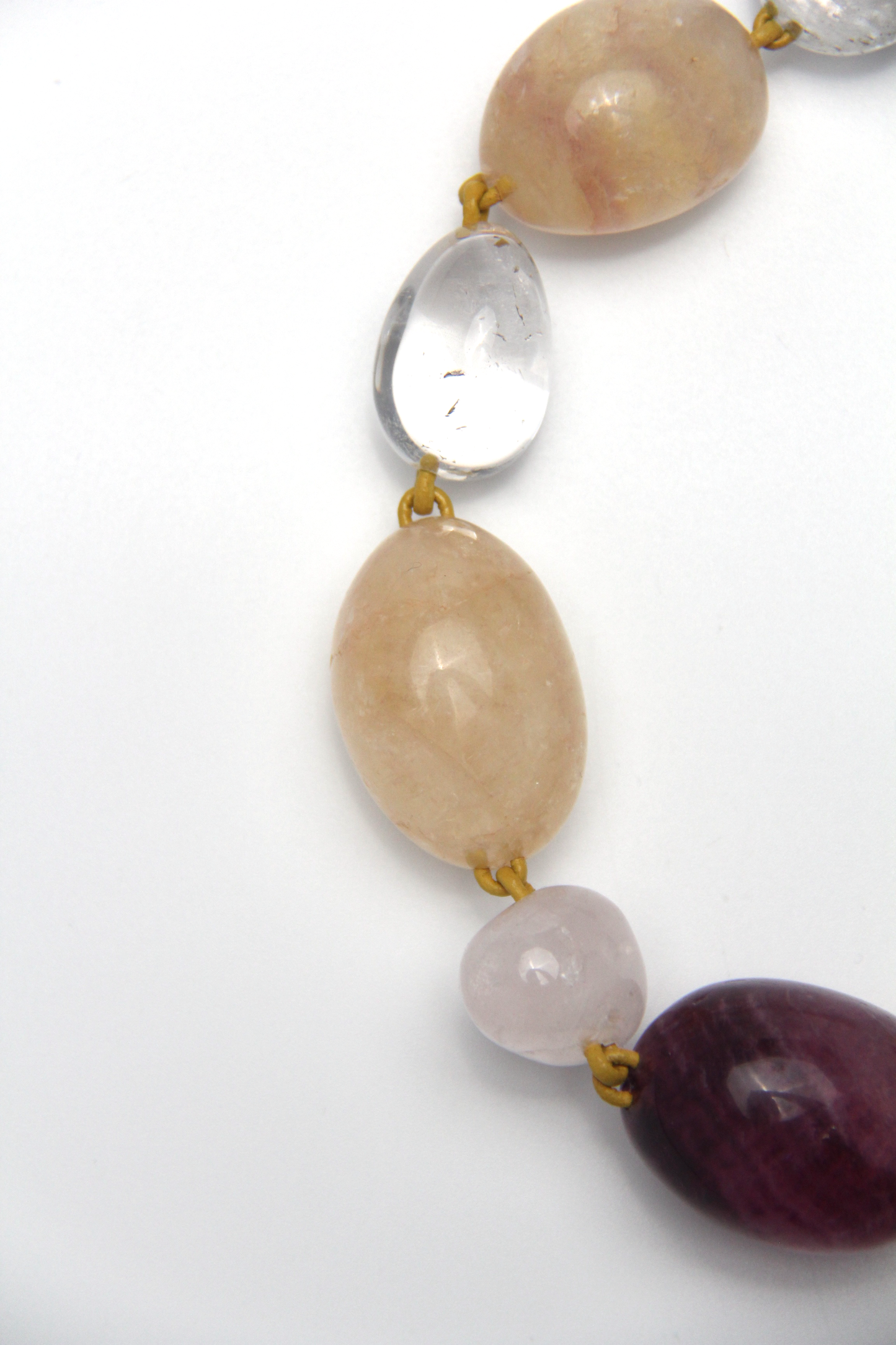 Necklace: fluorite, rose quartz, white crystal, pearl