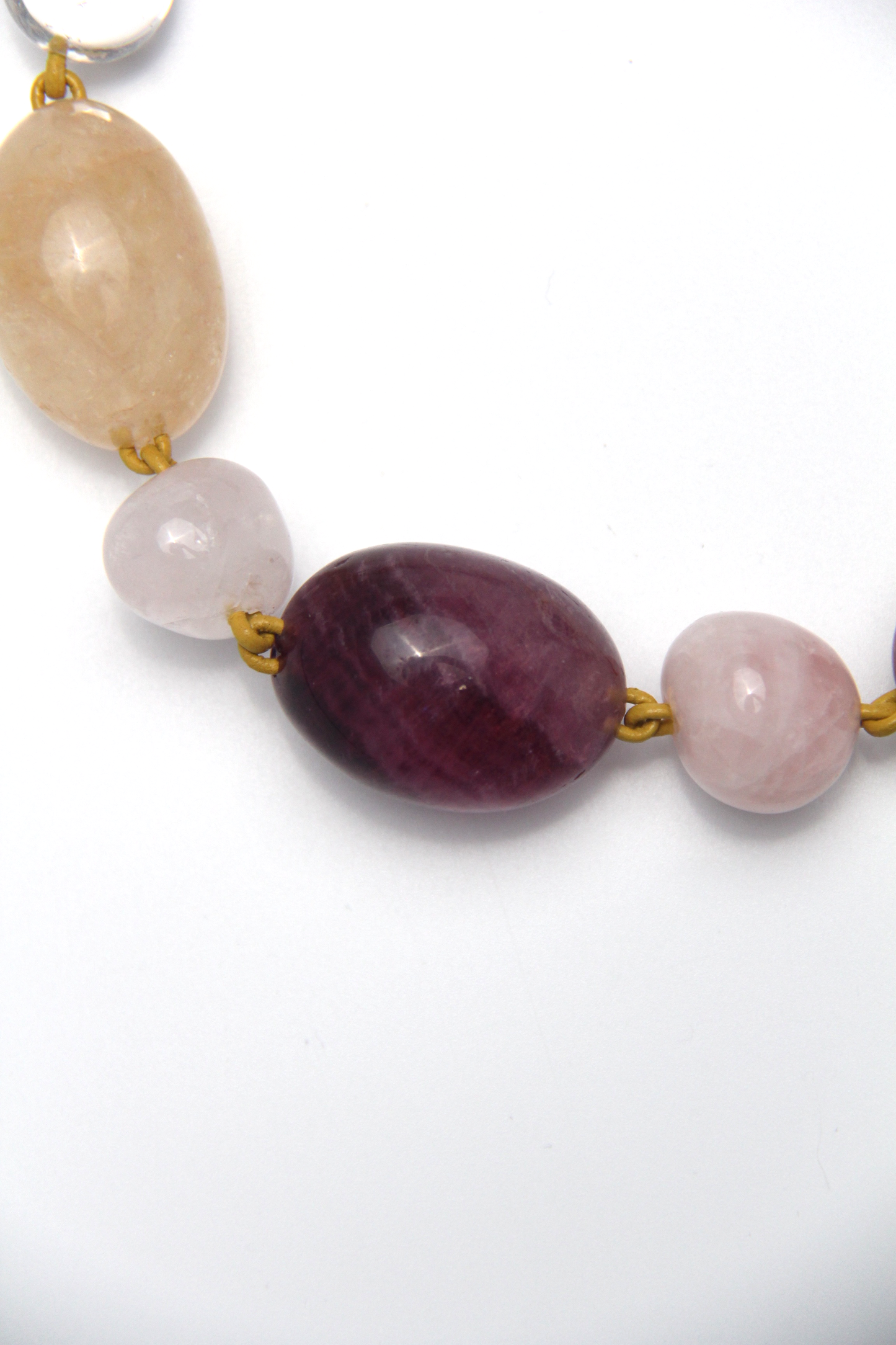 Necklace: fluorite, rose quartz, white crystal, pearl