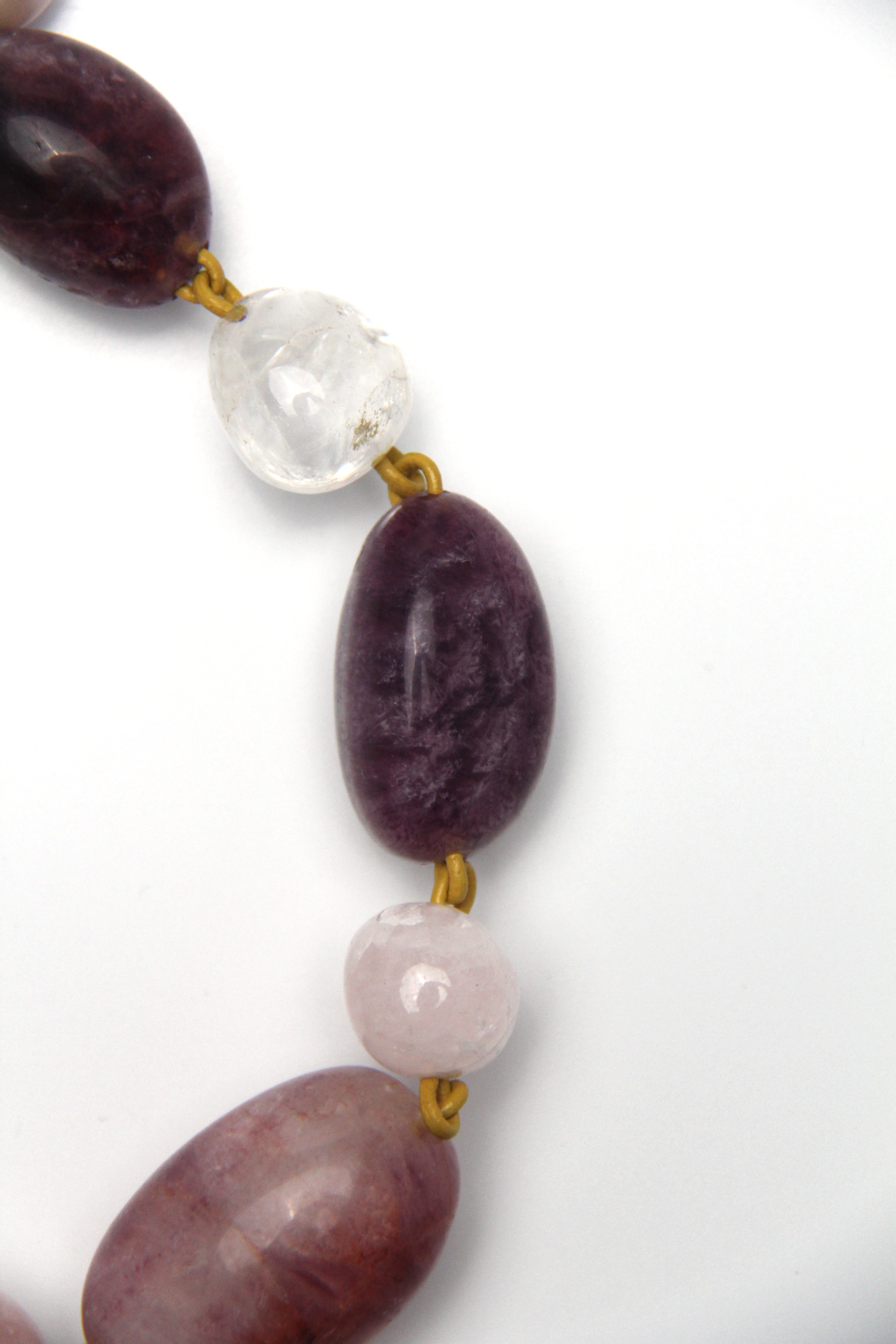 Necklace: fluorite, rose quartz, white crystal, pearl