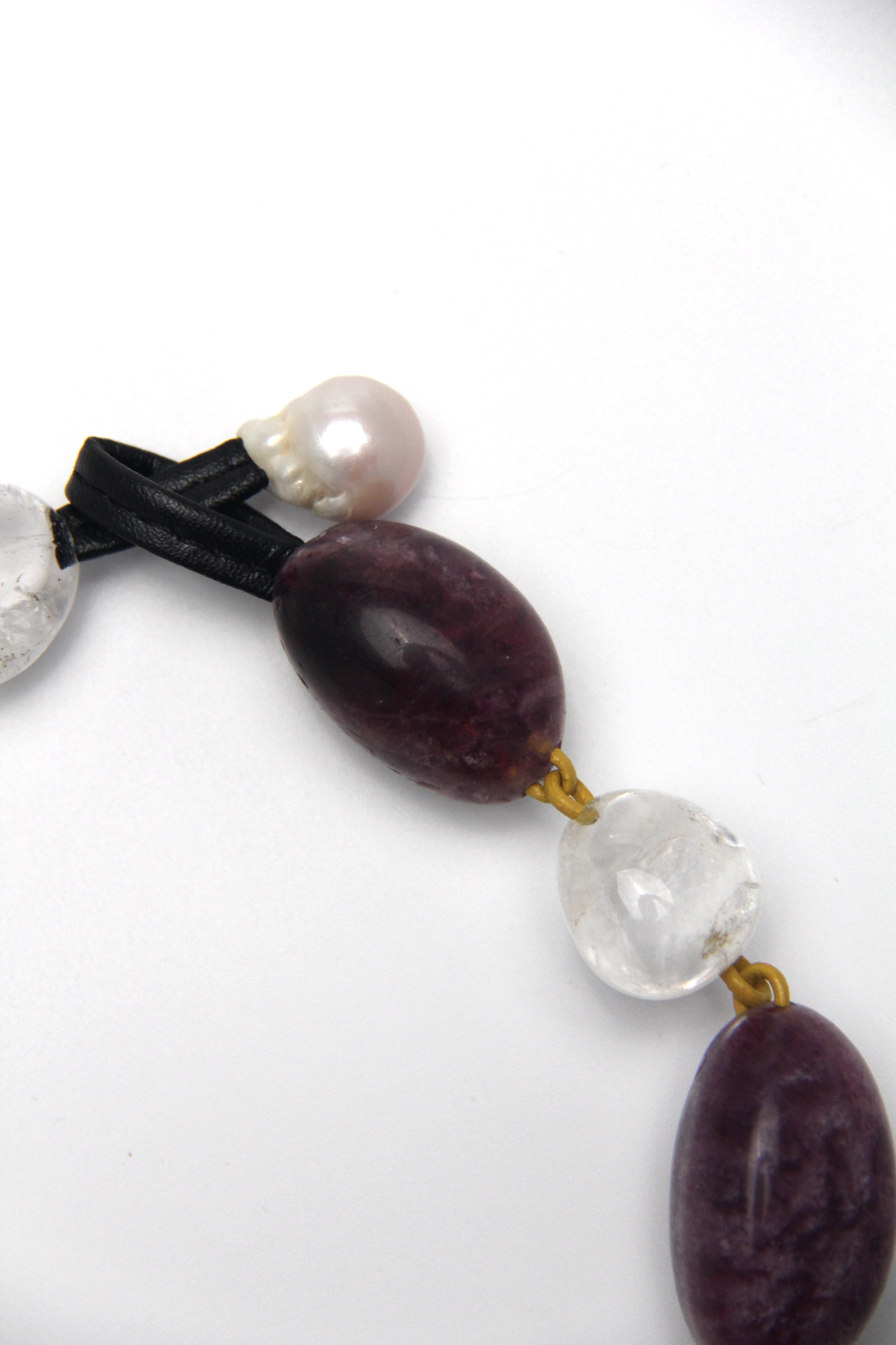 Necklace: fluorite, rose quartz, white crystal, pearl