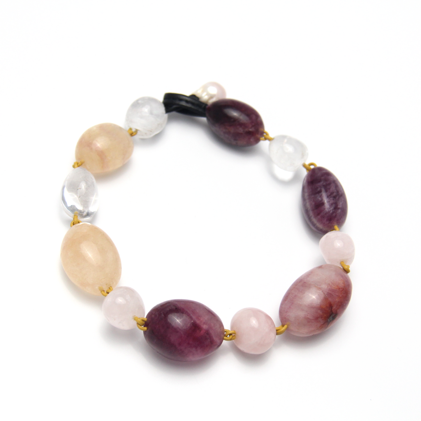 Necklace: fluorite, rose quartz, white crystal, pearl