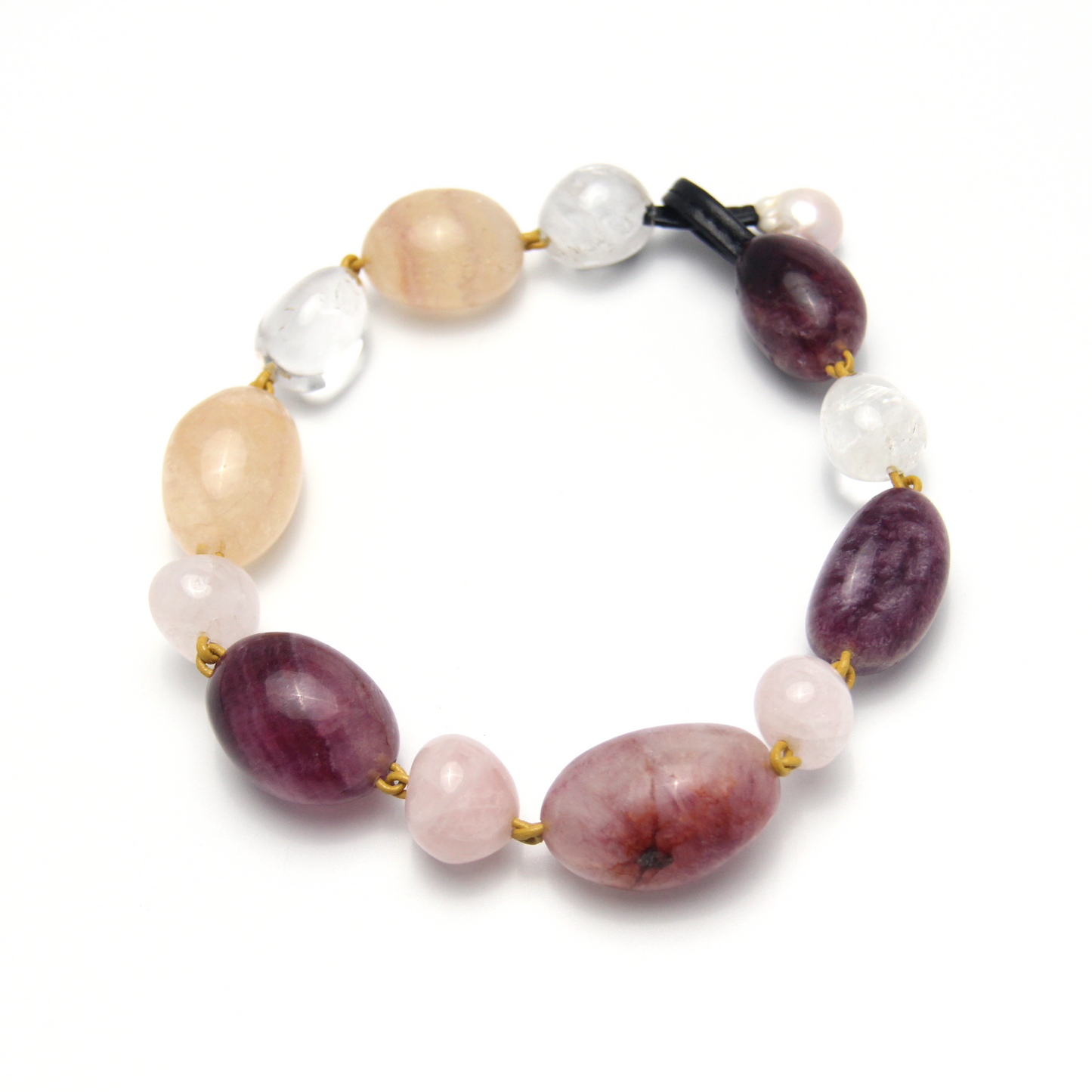 Necklace: fluorite, rose quartz, white crystal, pearl