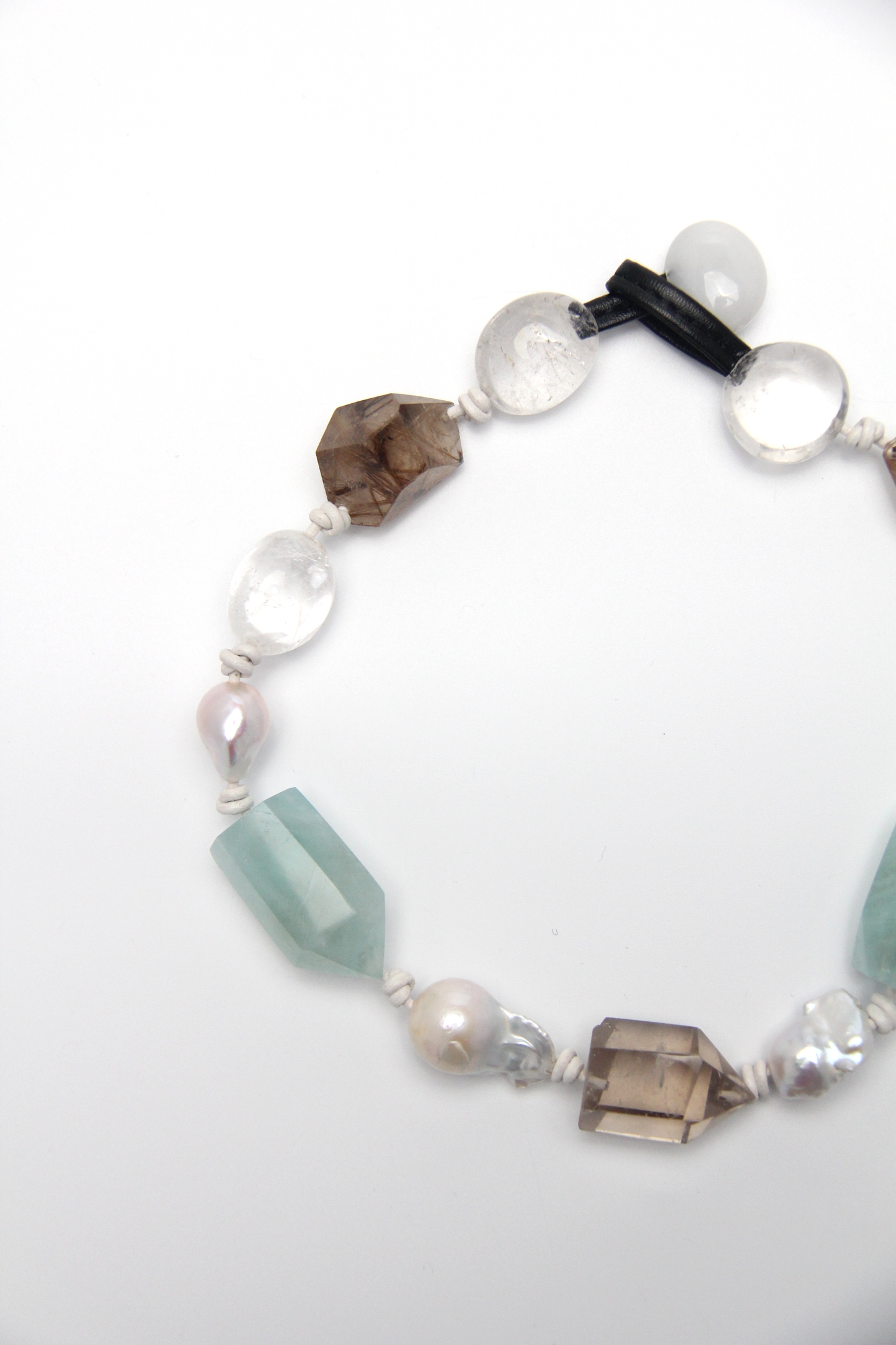 Necklace: golden hair rutilated quartz, aquamarine, pearls, smoky quartz, white crystal