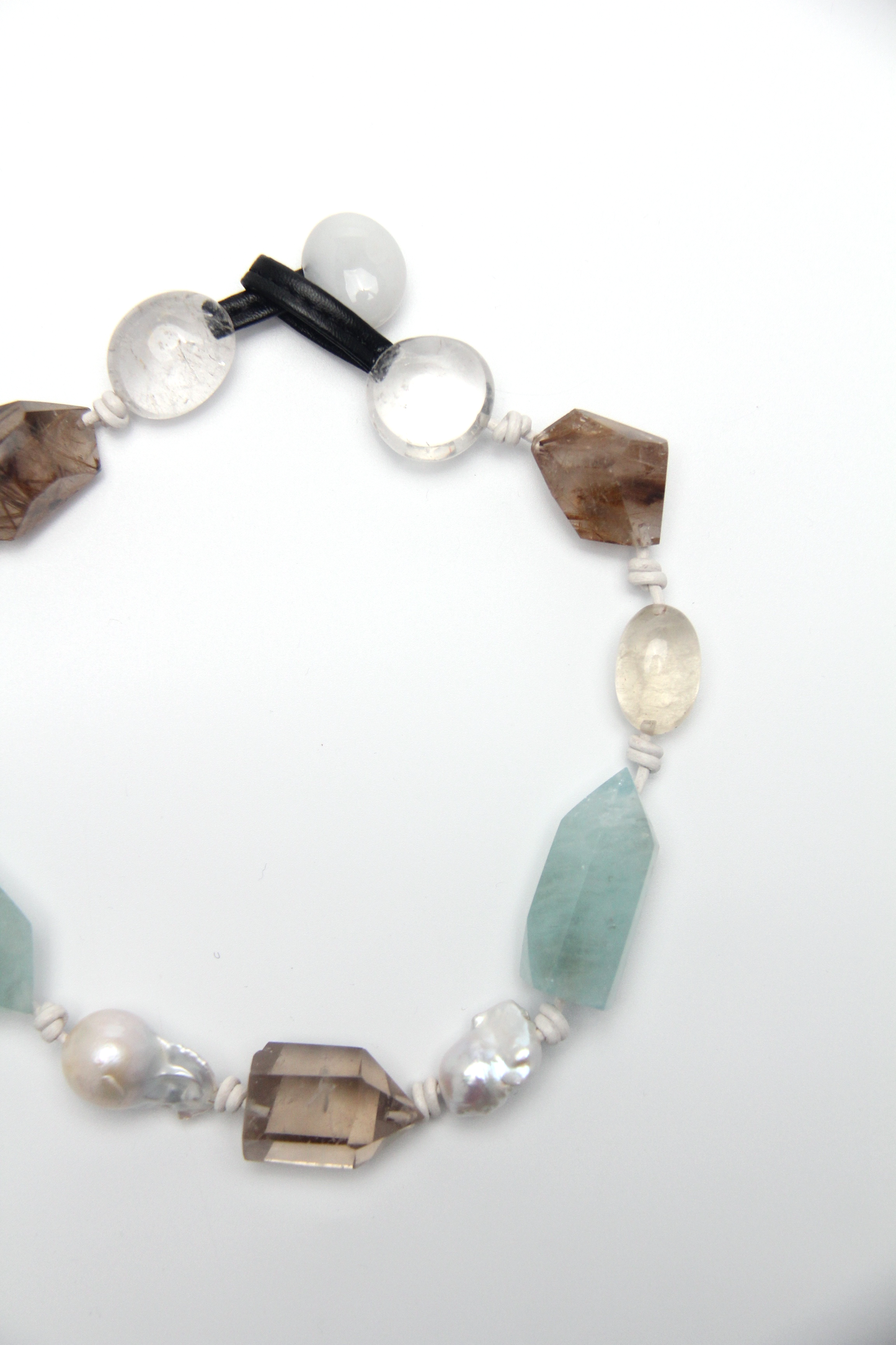 Necklace: golden hair rutilated quartz, aquamarine, pearls, smoky quartz, white crystal