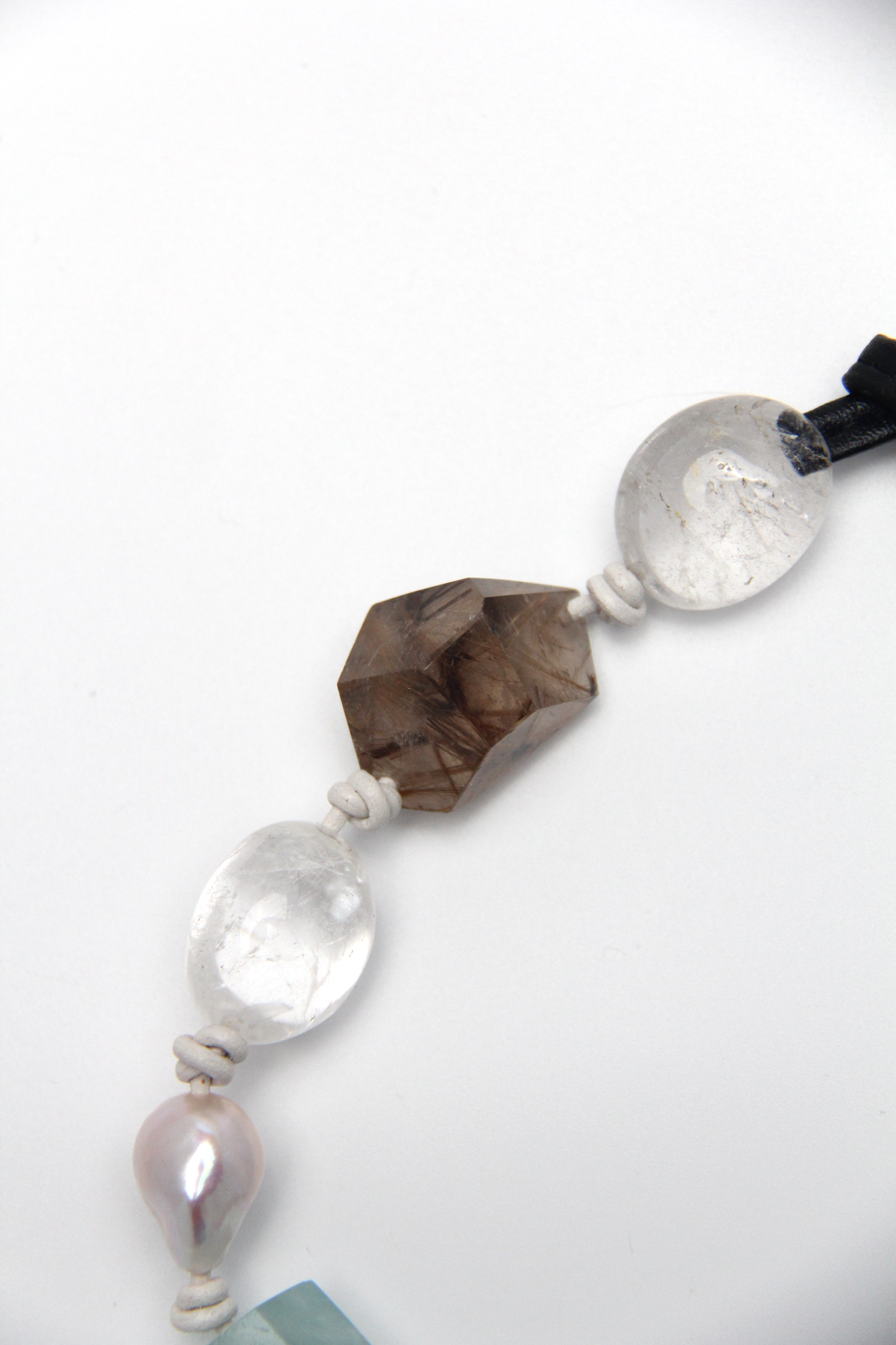 Necklace: golden hair rutilated quartz, aquamarine, pearls, smoky quartz, white crystal