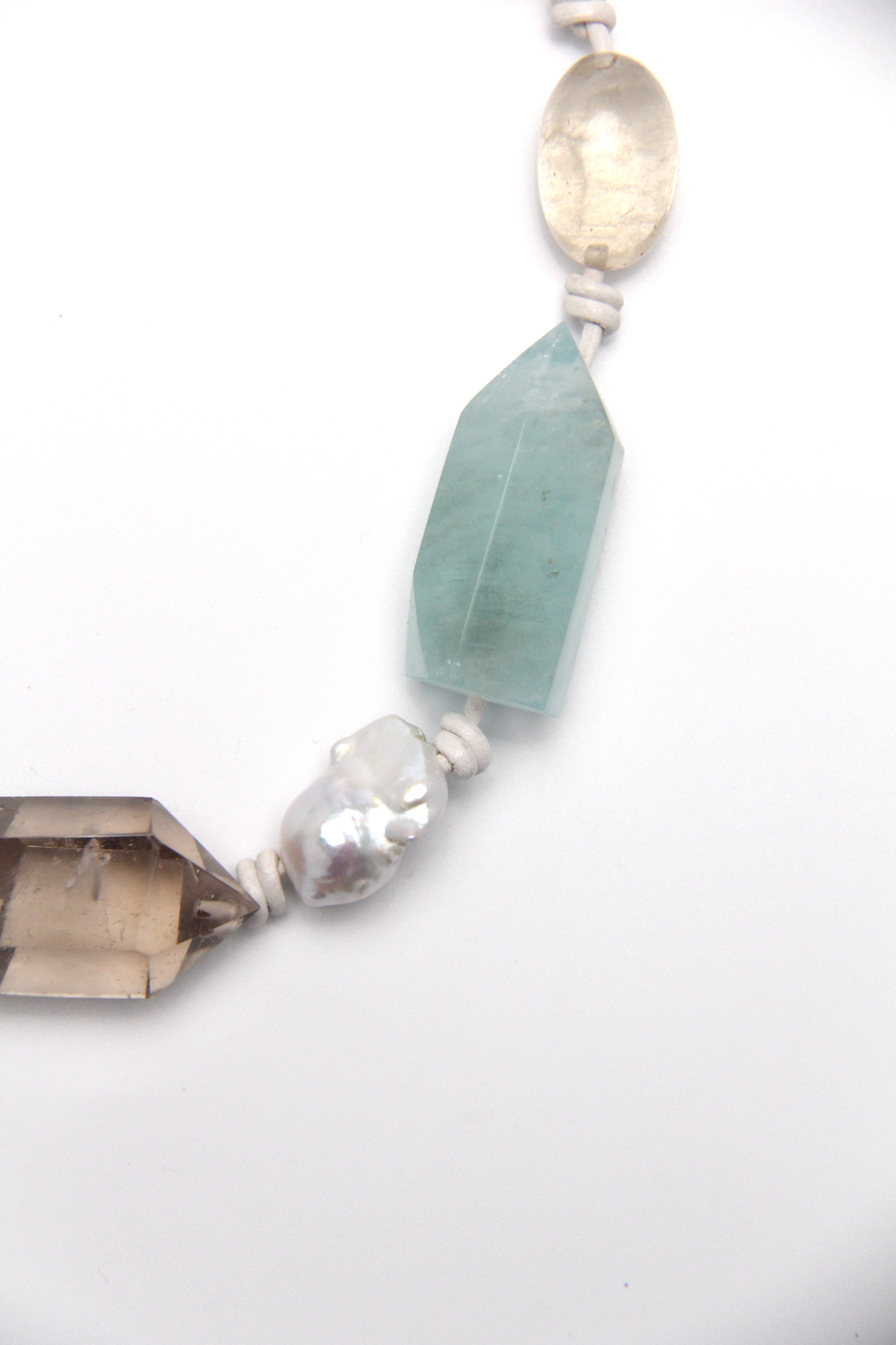 Necklace: golden hair rutilated quartz, aquamarine, pearls, smoky quartz, white crystal