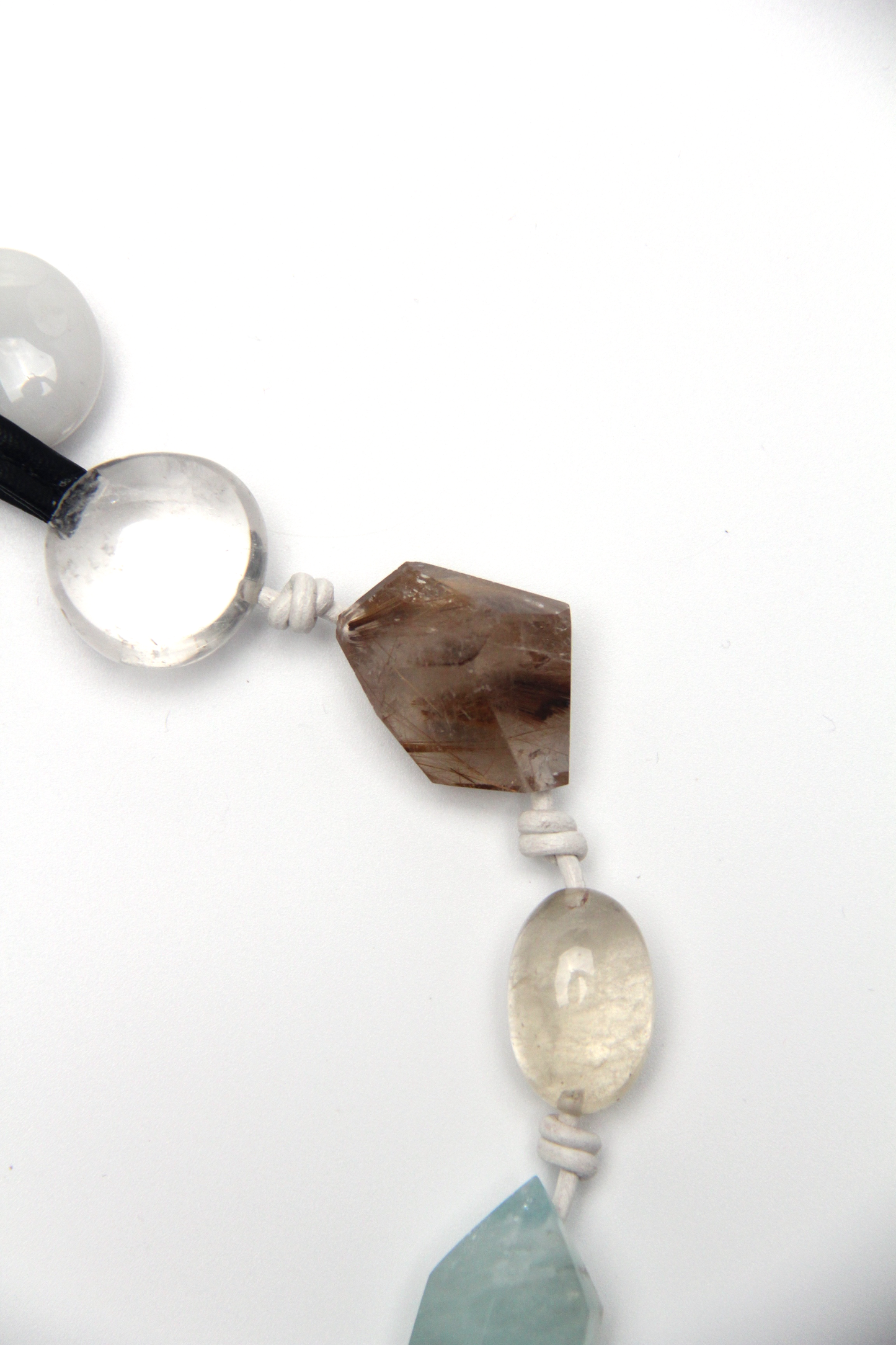 Necklace: golden hair rutilated quartz, aquamarine, pearls, smoky quartz, white crystal