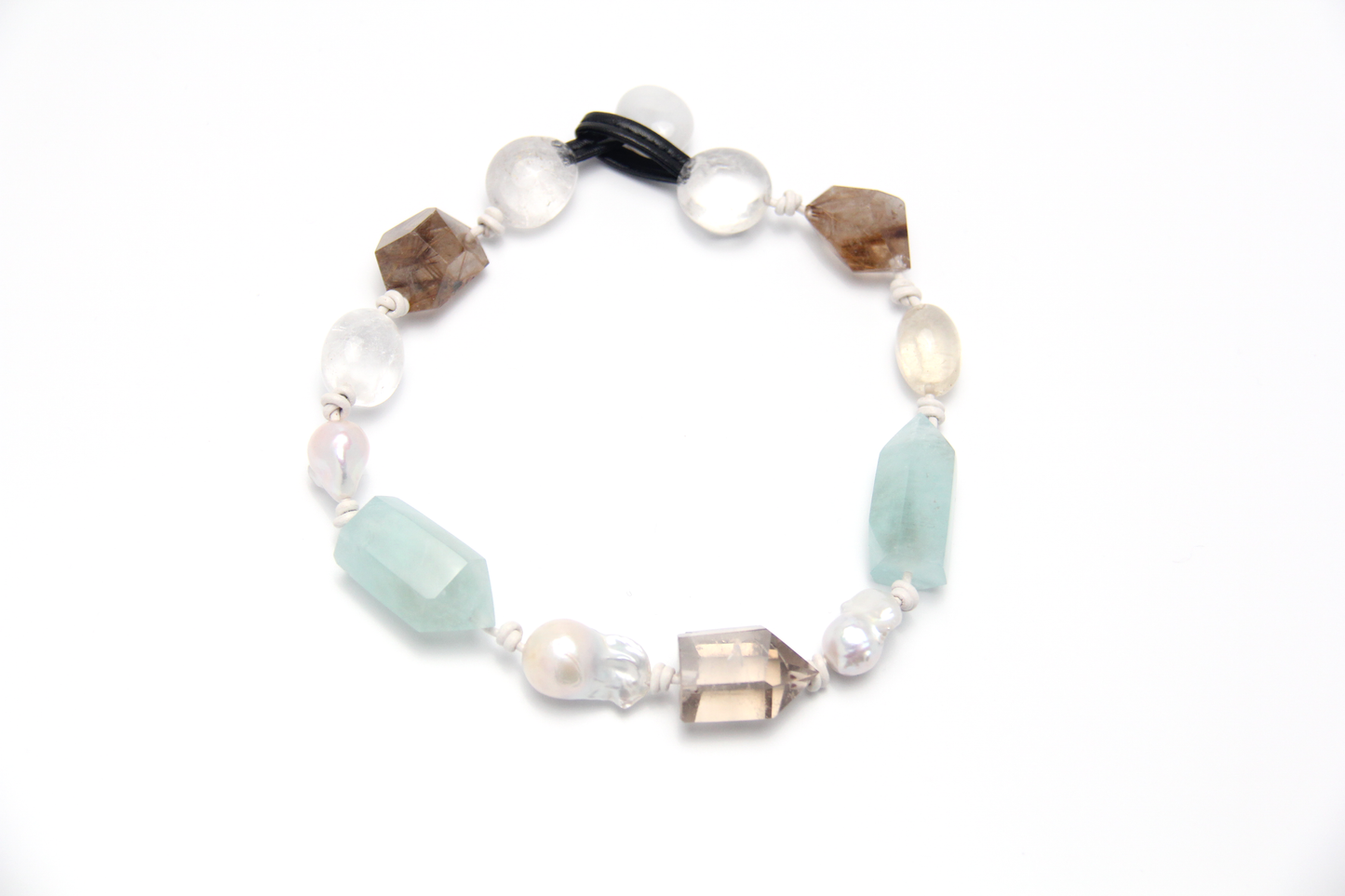 Necklace: golden hair rutilated quartz, aquamarine, pearls, smoky quartz, white crystal