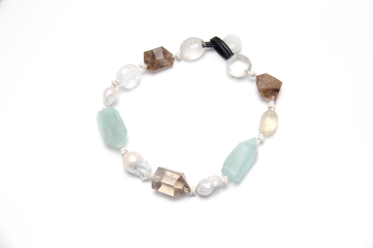 Necklace: golden hair rutilated quartz, aquamarine, pearls, smoky quartz, white crystal