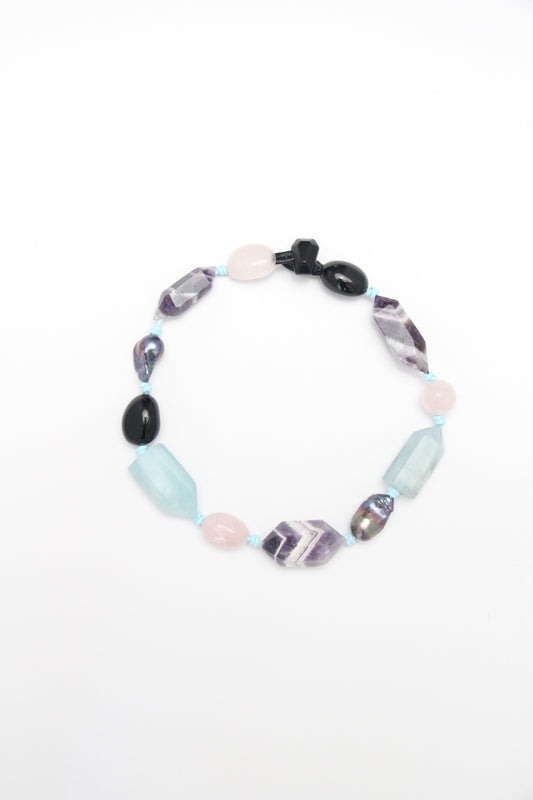 Necklace: dream amethyst, aquamarine, pearls, rose quartz, obsidian