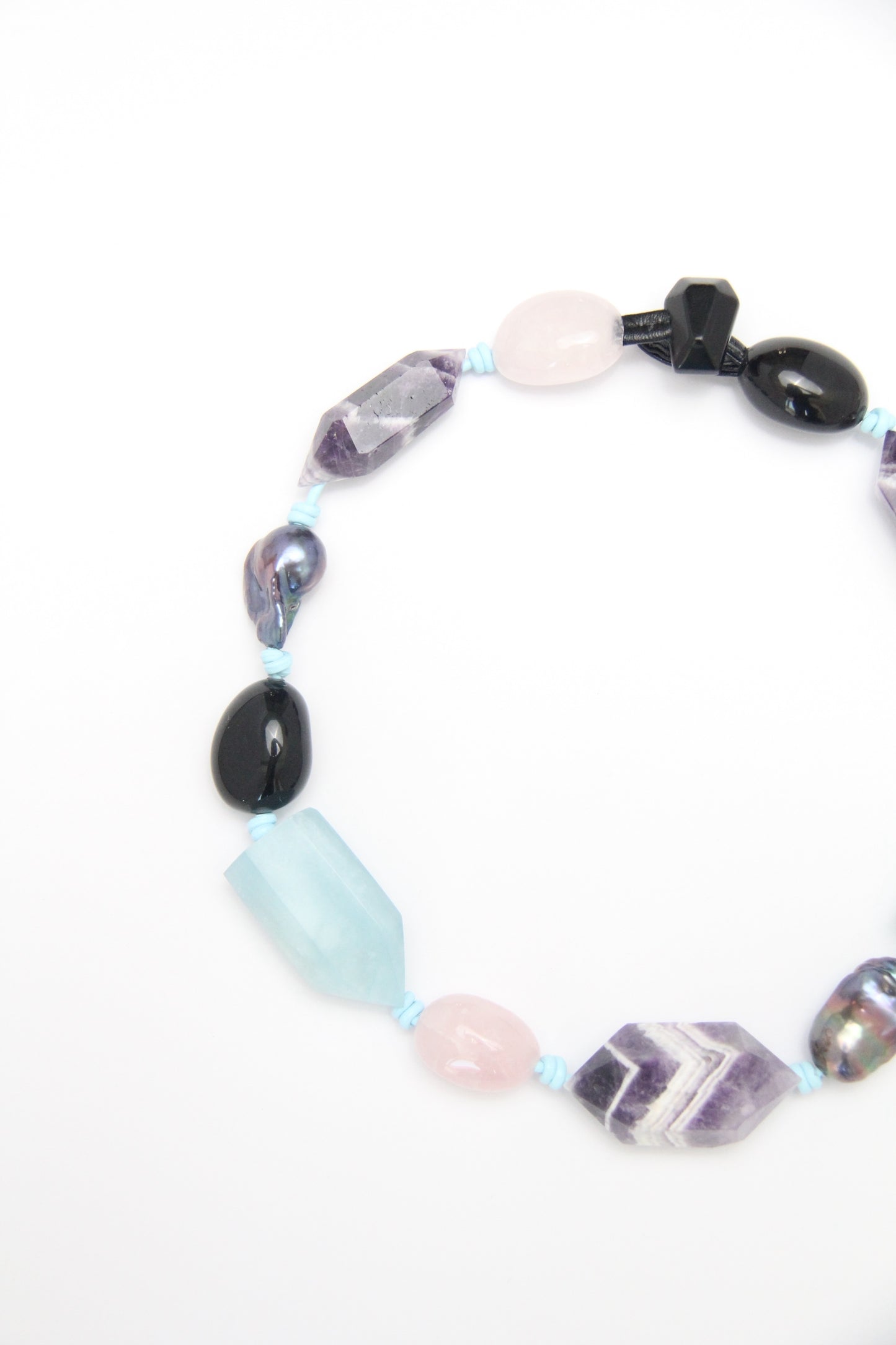 Necklace: dream amethyst, aquamarine, pearls, rose quartz, obsidian