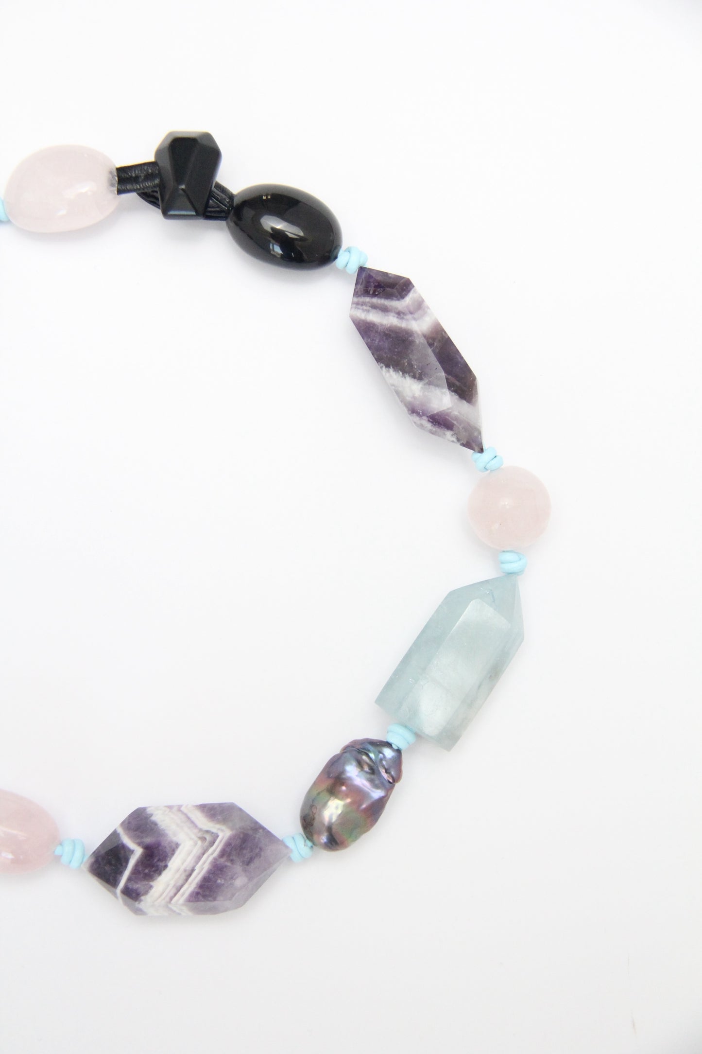 Necklace: dream amethyst, aquamarine, pearls, rose quartz, obsidian