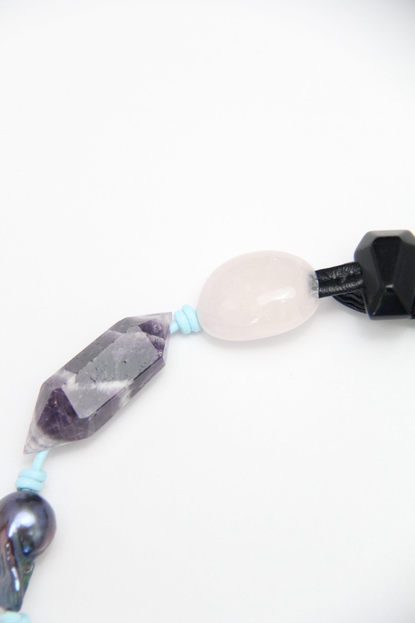 Necklace: dream amethyst, aquamarine, pearls, rose quartz, obsidian