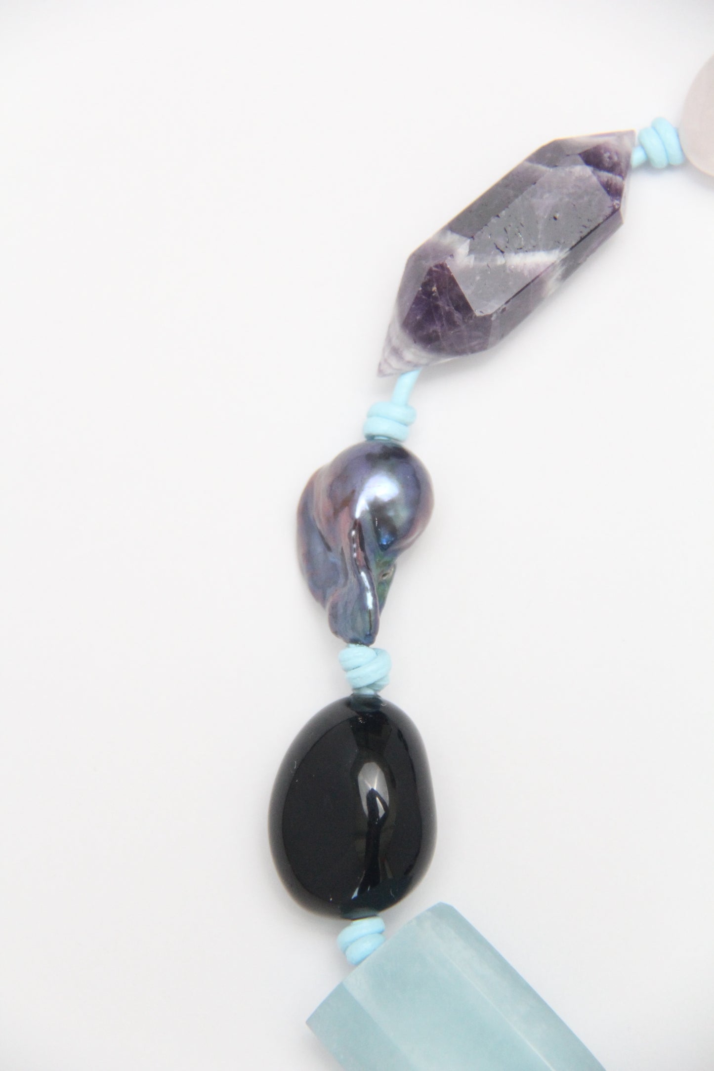 Necklace: dream amethyst, aquamarine, pearls, rose quartz, obsidian