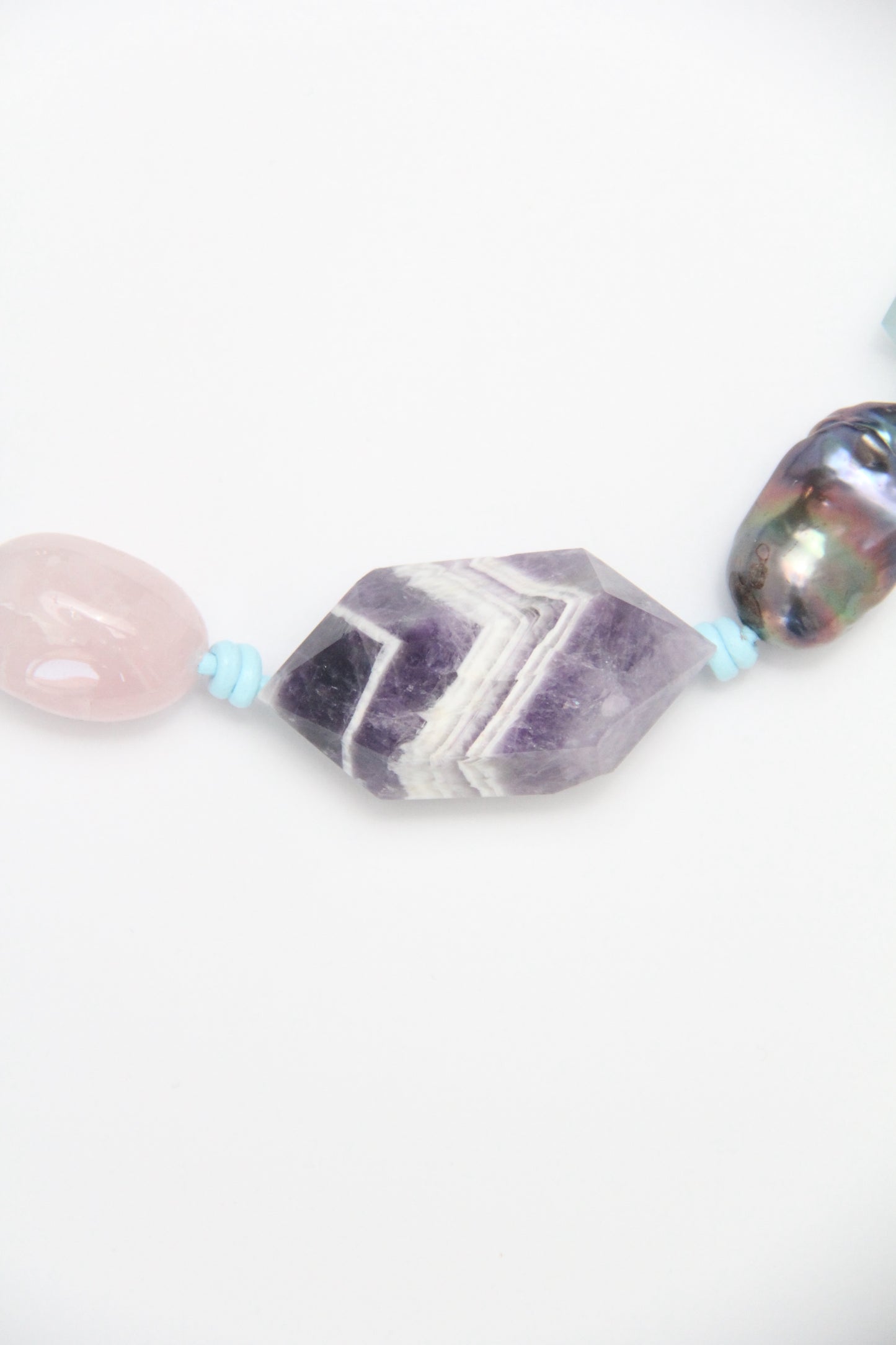 Necklace: dream amethyst, aquamarine, pearls, rose quartz, obsidian