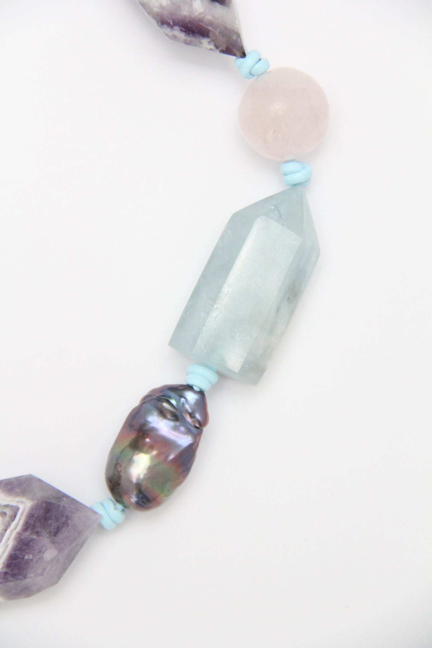 Necklace: dream amethyst, aquamarine, pearls, rose quartz, obsidian