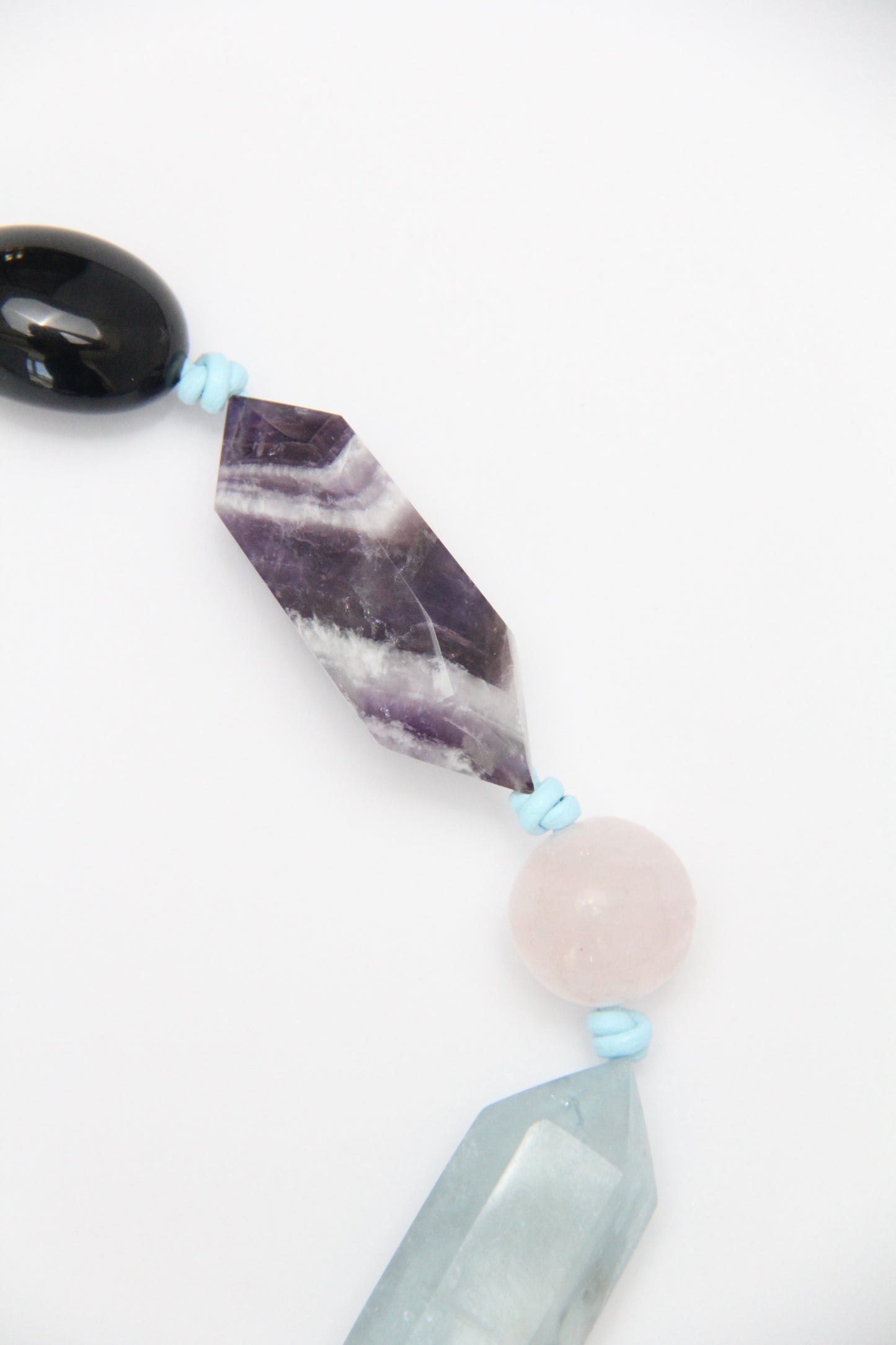 Necklace: dream amethyst, aquamarine, pearls, rose quartz, obsidian