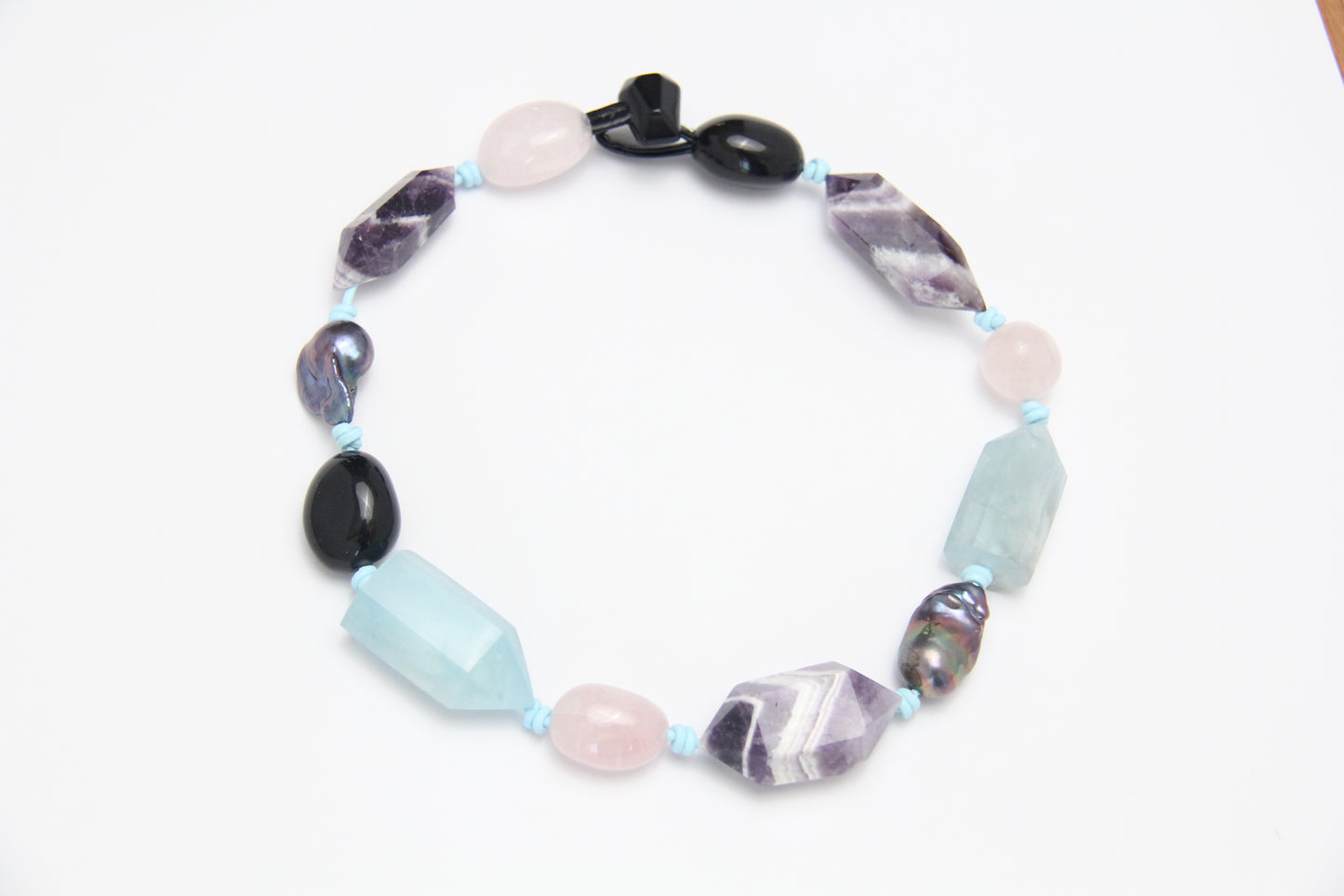 Necklace: dream amethyst, aquamarine, pearls, rose quartz, obsidian