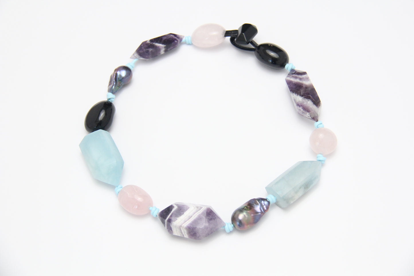 Necklace: dream amethyst, aquamarine, pearls, rose quartz, obsidian