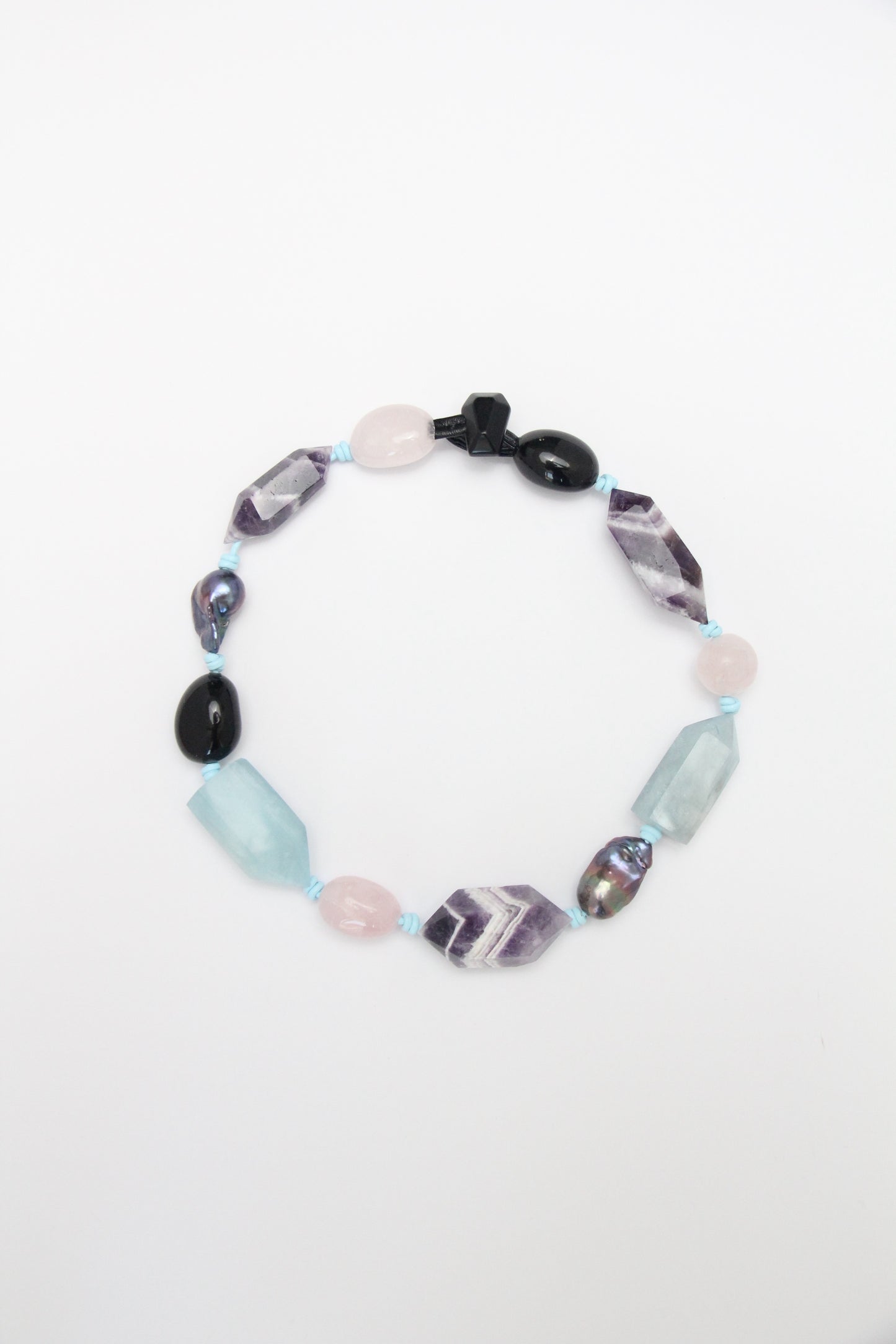 Necklace: dream amethyst, aquamarine, pearls, rose quartz, obsidian