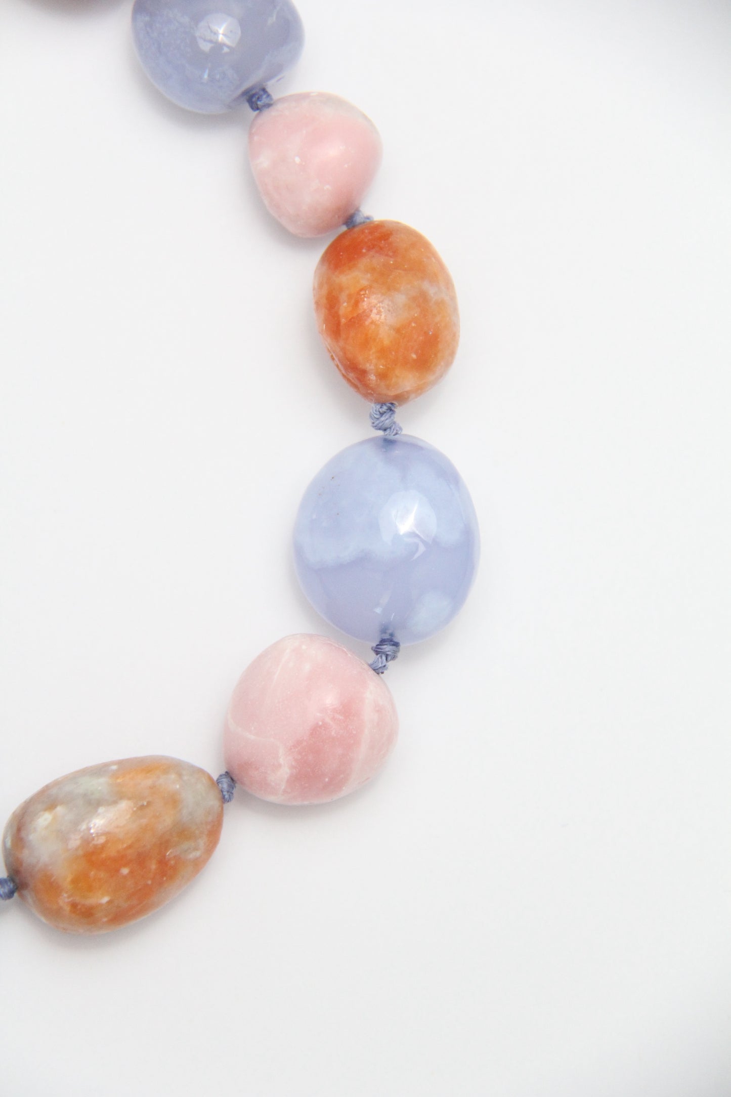 Necklace: blue lace agate, pink opal, calcite