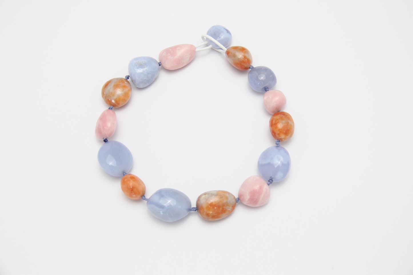 Necklace: blue lace agate, pink opal, calcite