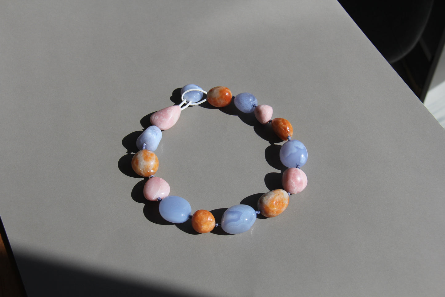 Necklace: blue lace agate, pink opal, calcite