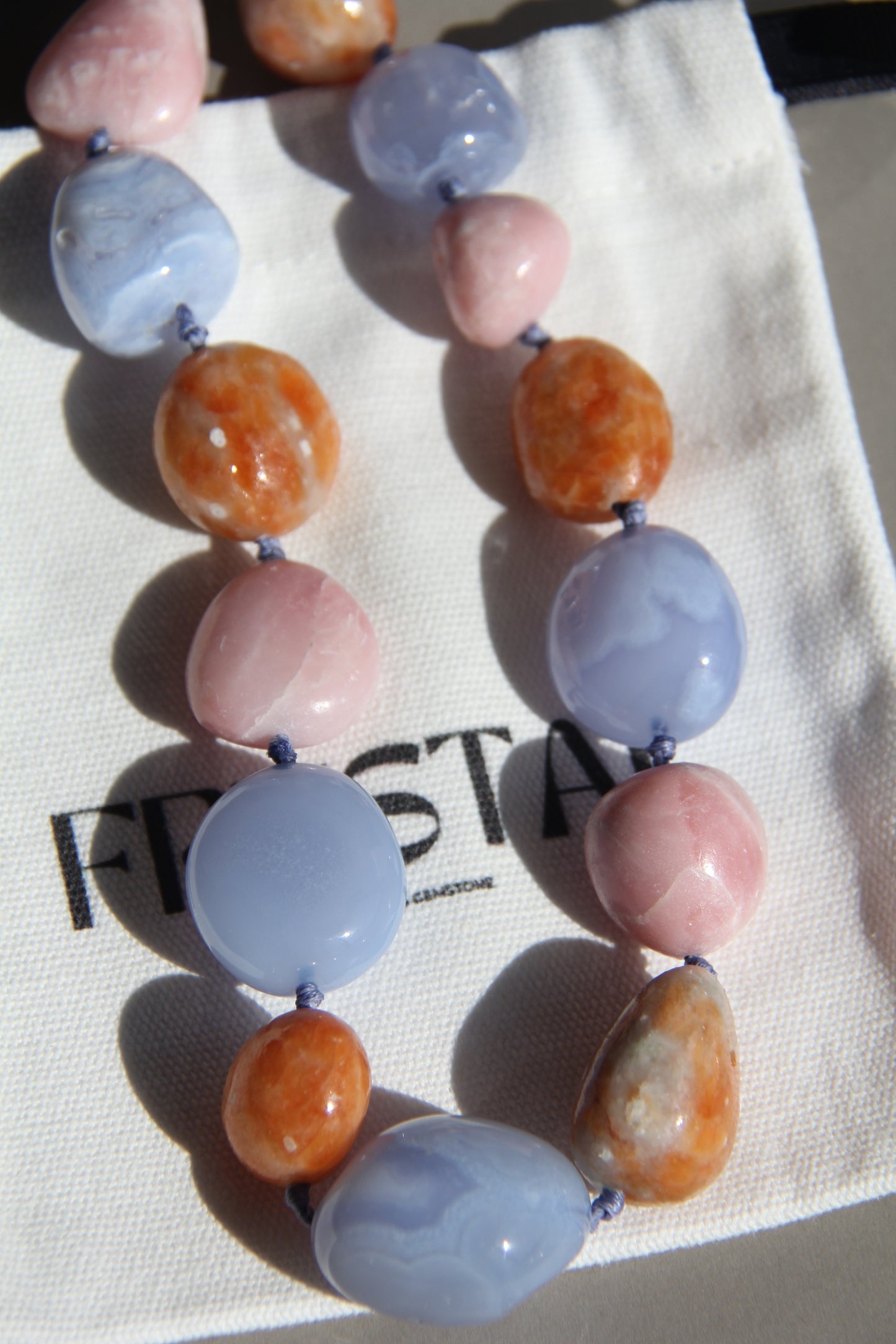 Necklace: blue lace agate, pink opal, calcite