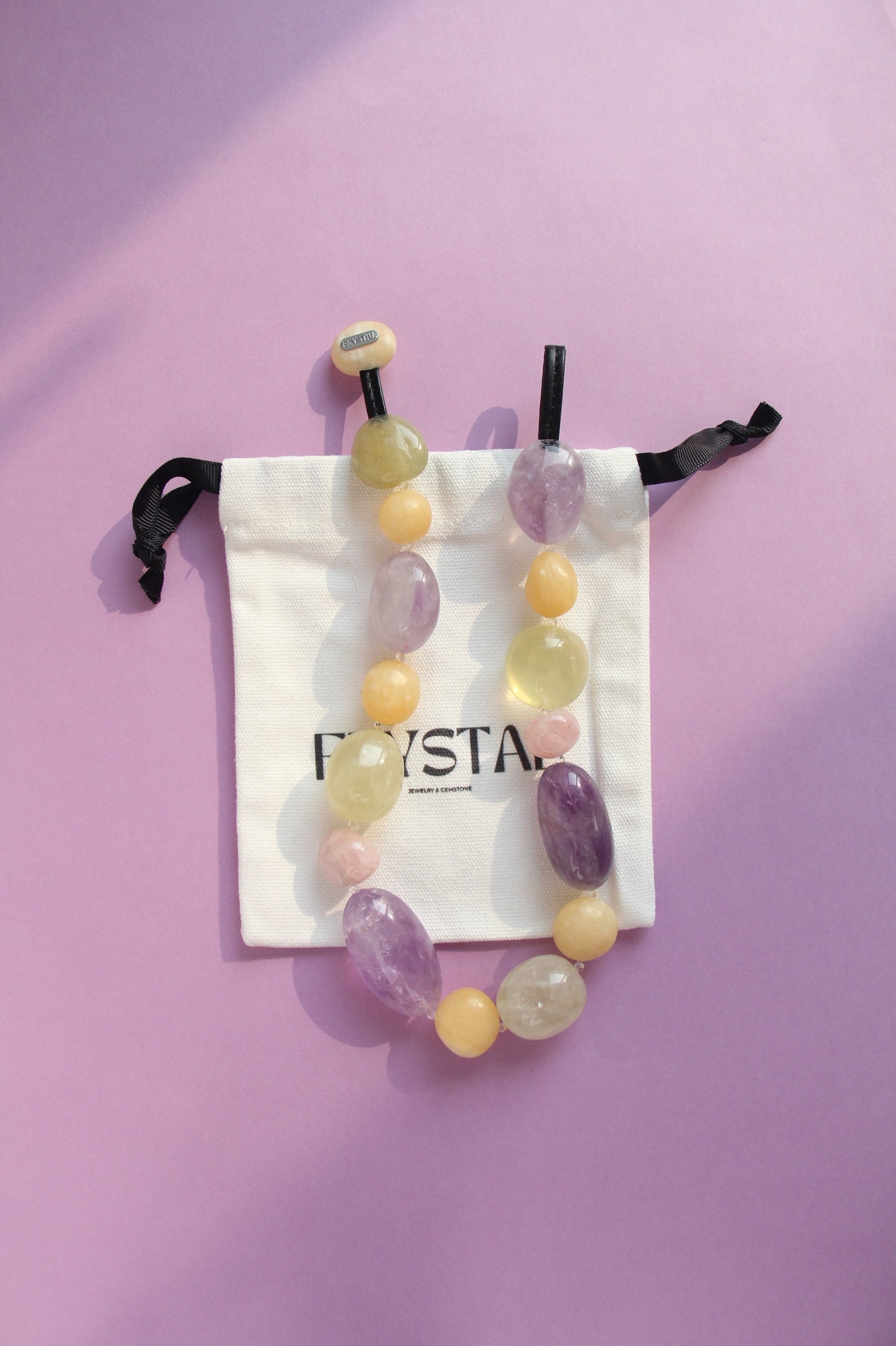 Necklace: amethyst, citrine, rose quartz, cream yellow onyx