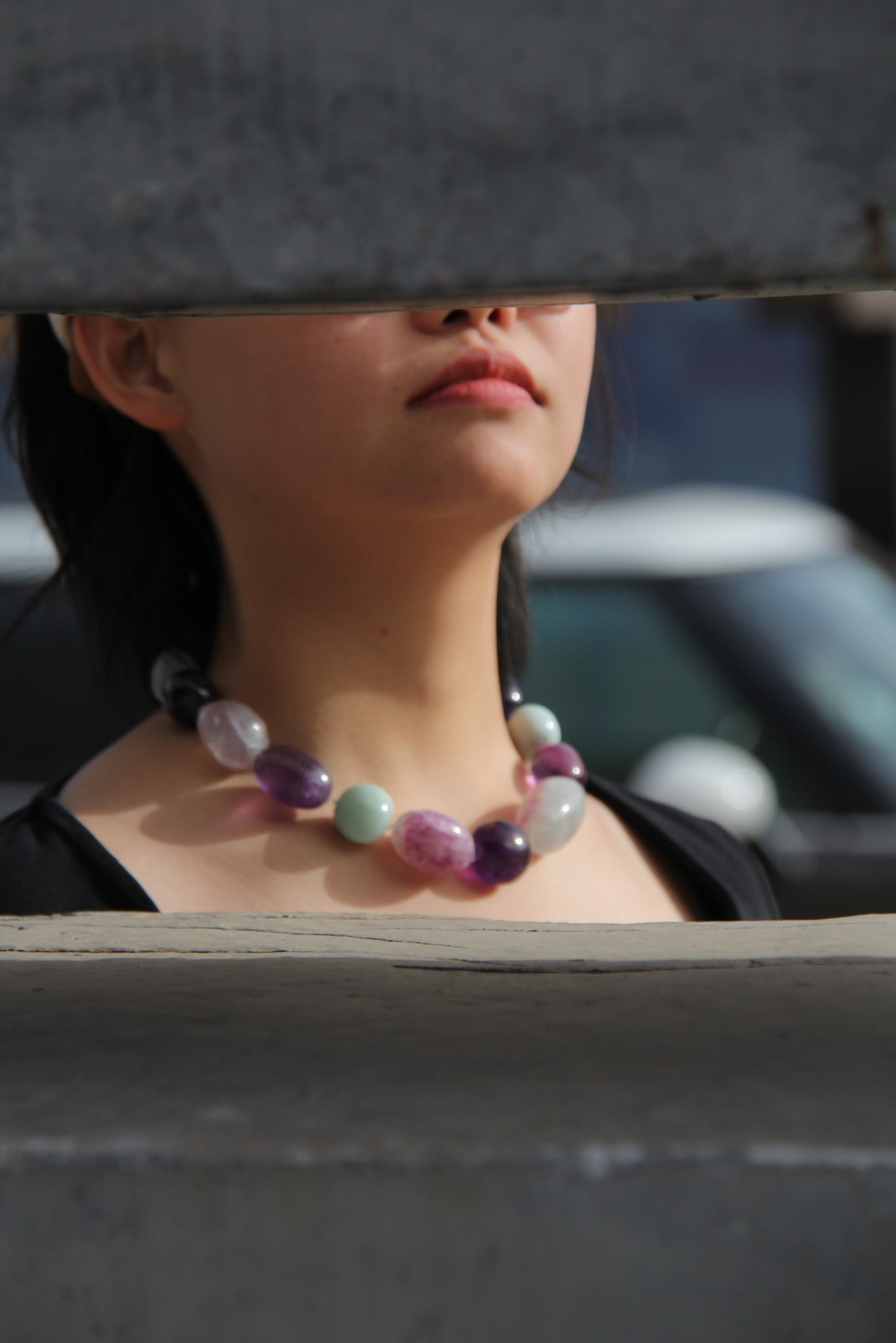 Necklace: amethyst, fluorite, amazonite